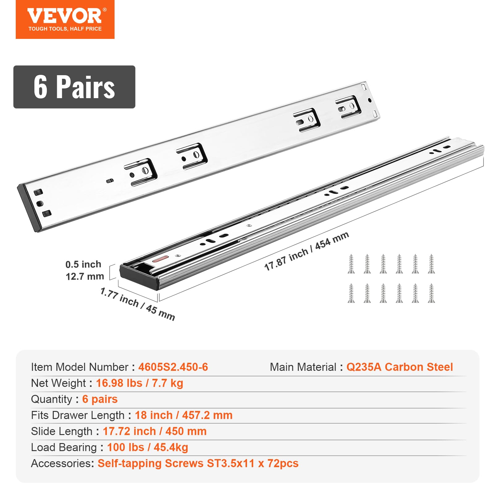 Foto 8 pulgar | Diapositivas Para Cajones Vevor, 6 Pares, 45 Cm, Cierre Suave, Capacidad De Carga De 100 Kg - Venta Internacional.