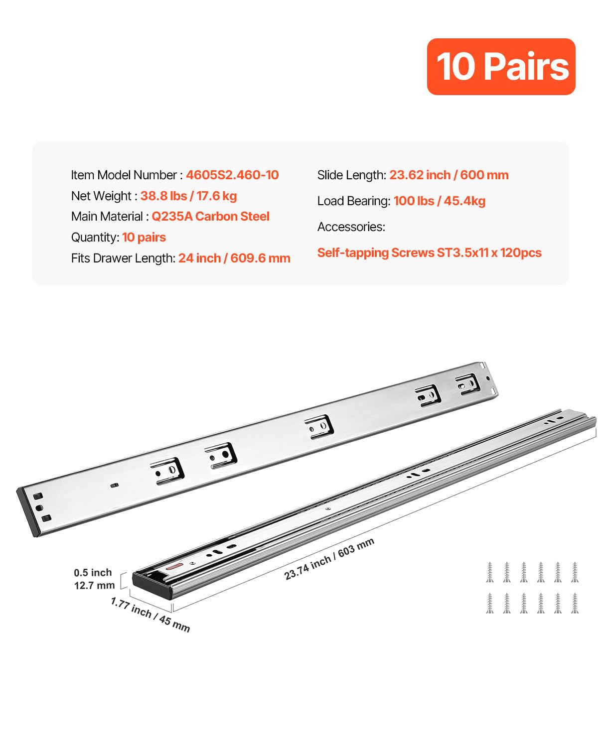 Foto 7 | Diapositivas Para Cajones Vevor, Cierre Suave, 60 Cm, Resistentes, 100 Kg De Carga - Venta Internacional.