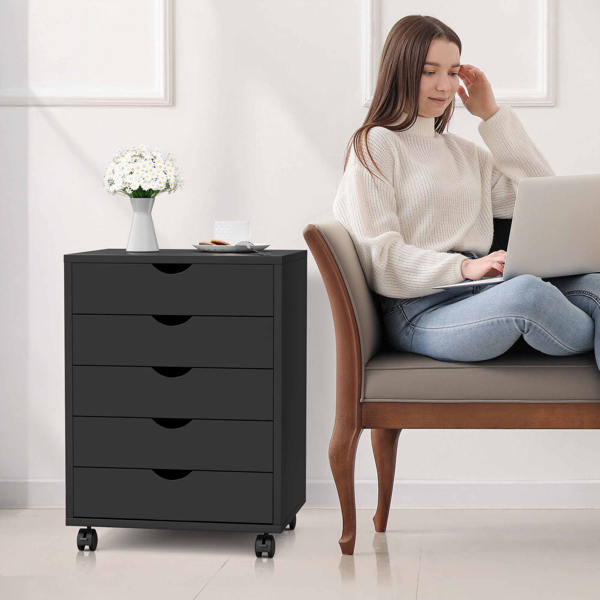 Cajonera Simple Deluxe Para Oficina Con 5 Cajones, Color Negro - Venta Internacional.