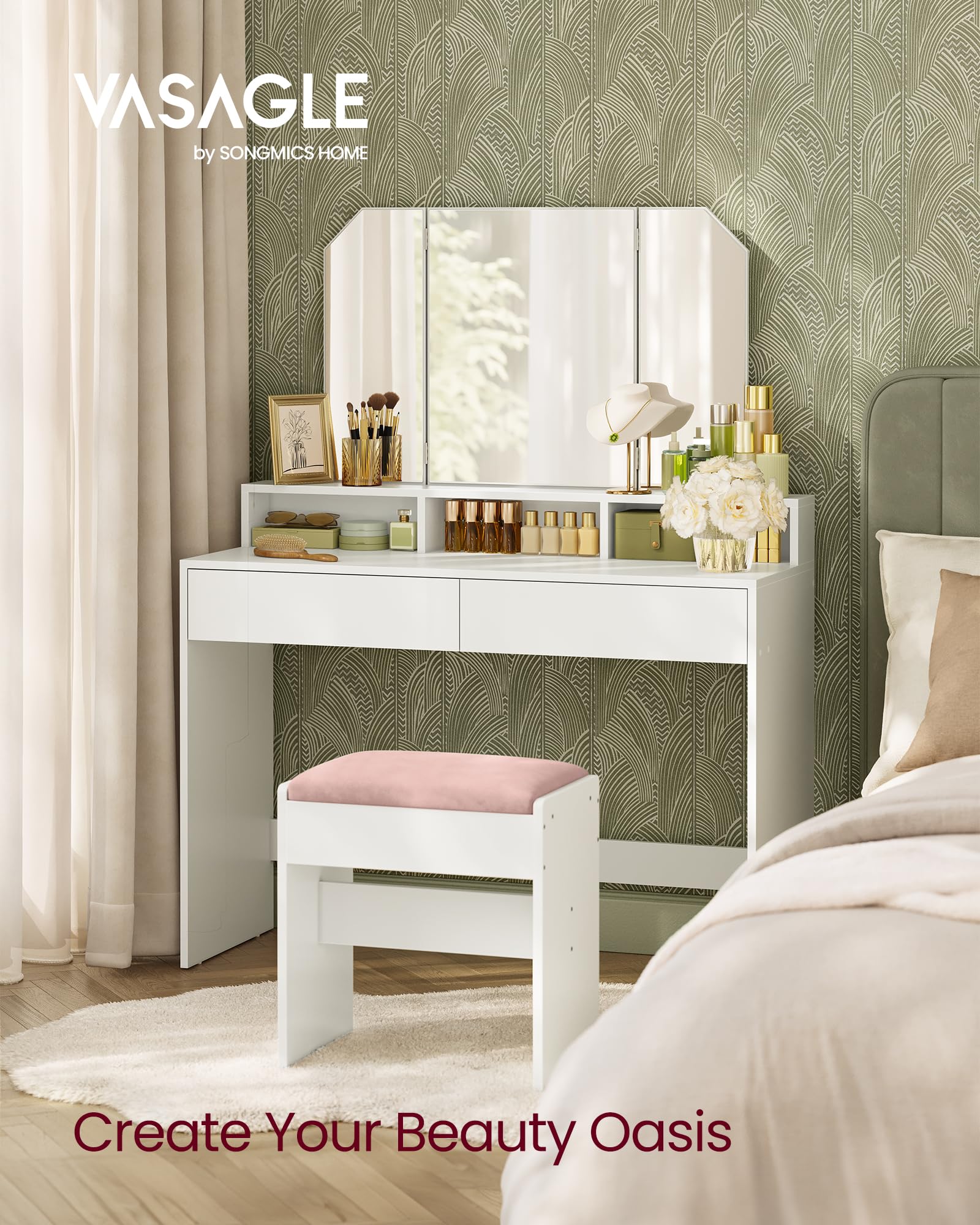 Foto 3 pulgar | Set Vanity Vasagle con Tri-fold Mirror White Urdt115w01v1