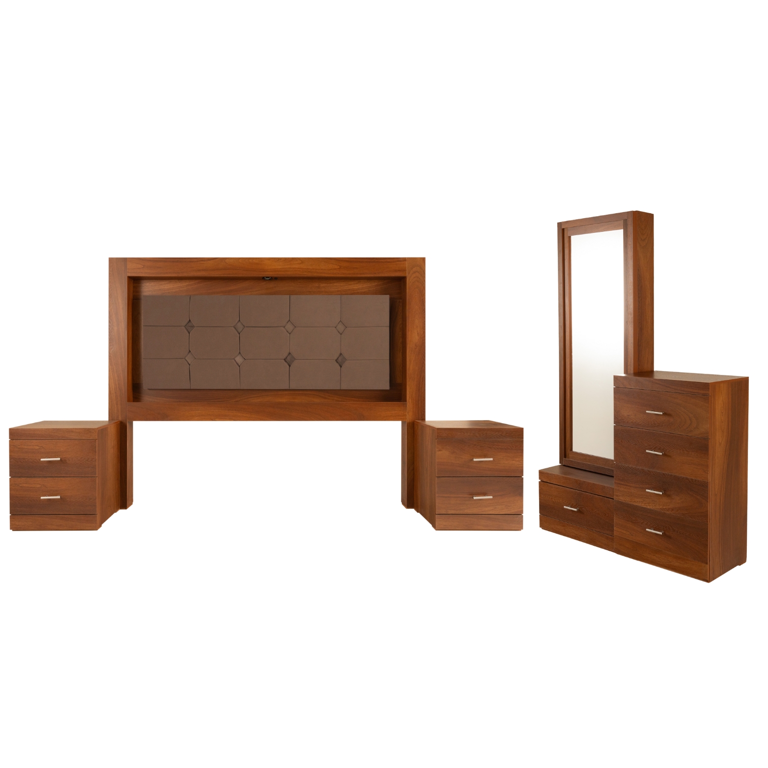 Recámara King Size De 5 Piezas Con Cabecera Tapizada, 2 Burós, Cajonera Y Espejo Color Parota - Madera Industr