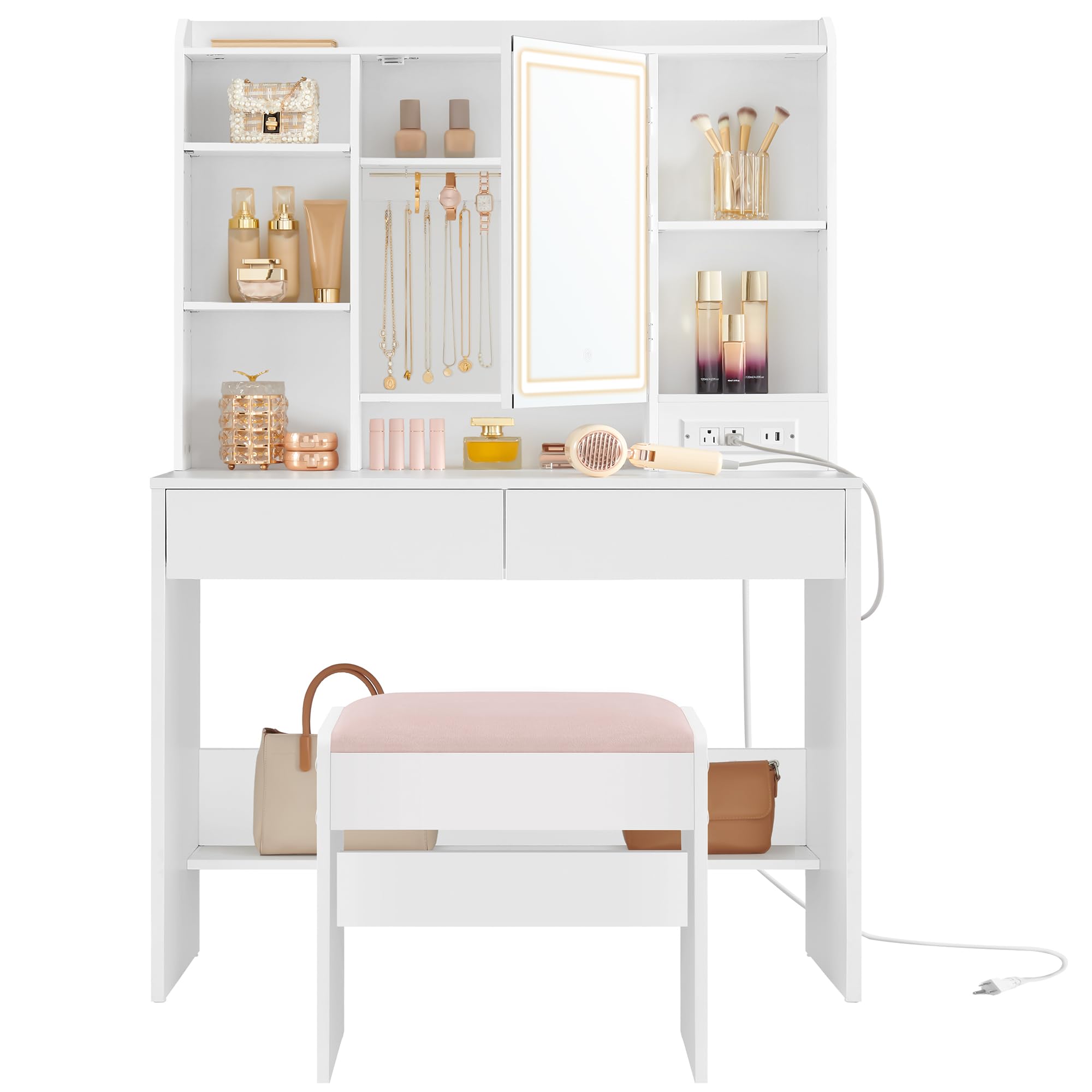 Escritorio Vasagle Con Espejo, Luces Y Taburete, Color Blanco - Venta Internacional.