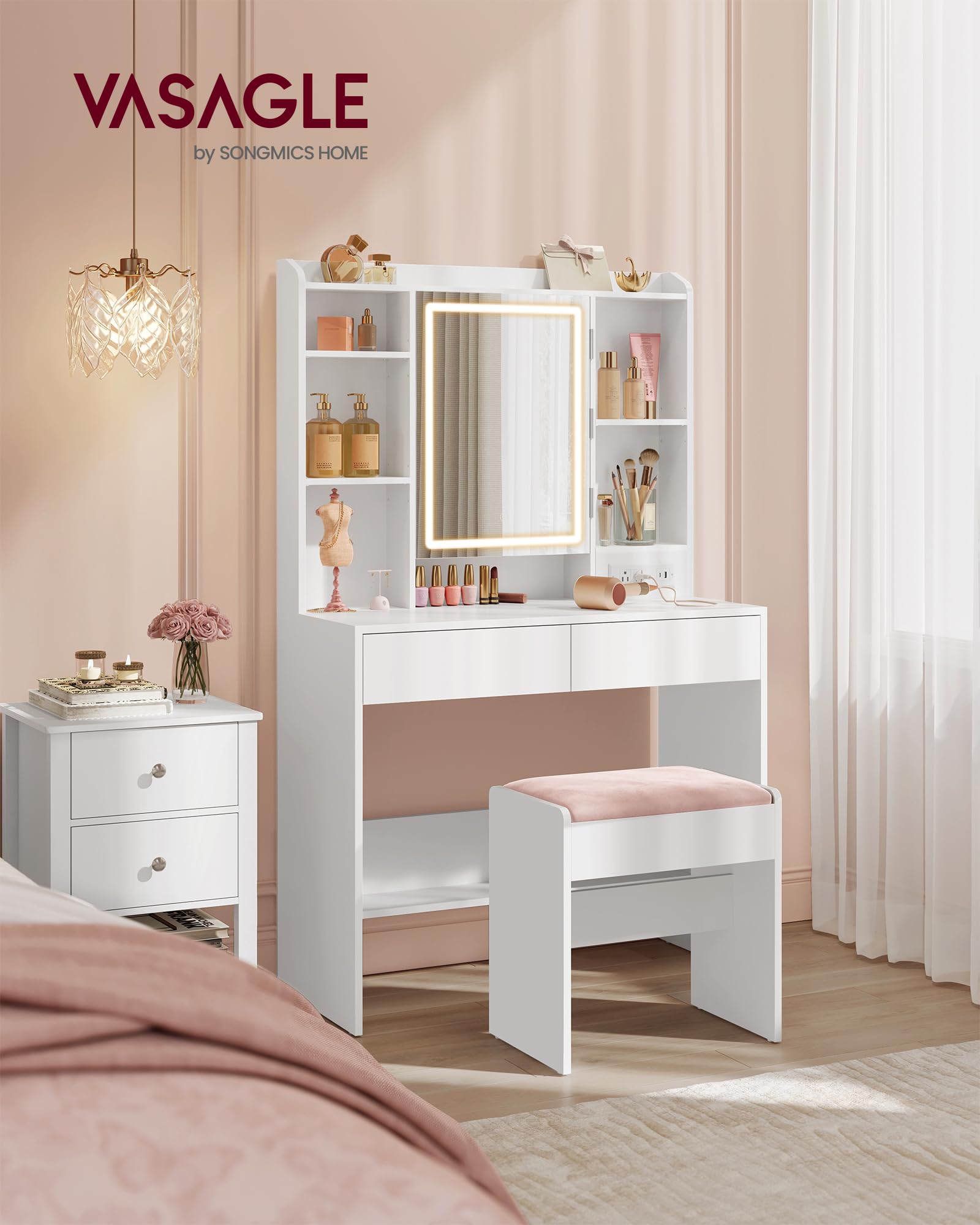 Foto 2 | Escritorio Vasagle Con Espejo, Luces Y Taburete, Color Blanco - Venta Internacional.