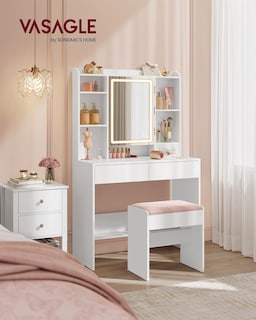 Foto 2 | Escritorio Vasagle Con Espejo, Luces Y Taburete, Color Blanco - Venta Internacional.