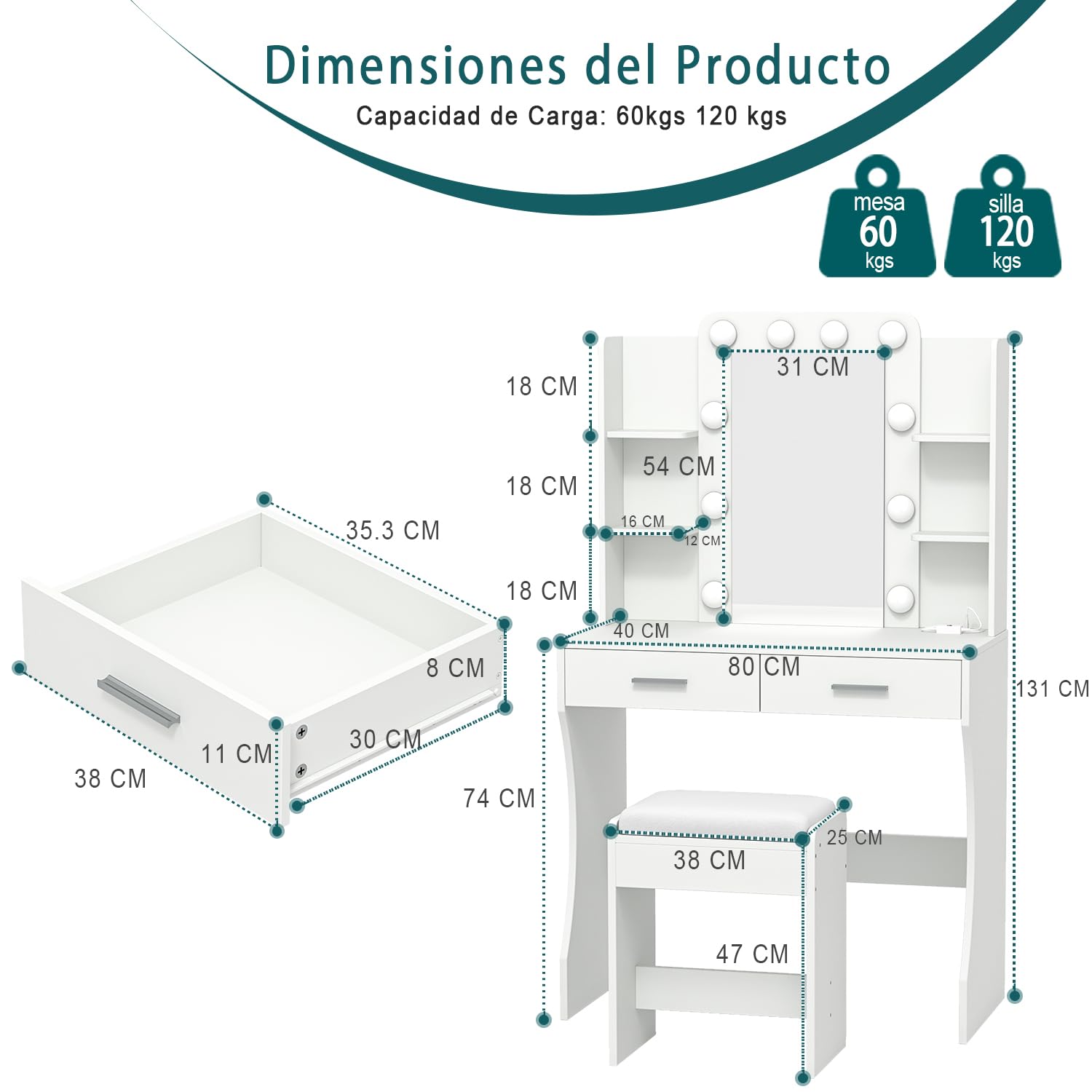 Foto 3 pulgar | Tocador Furniturer Flooca Blanco 80 X 40 X 131 Cm