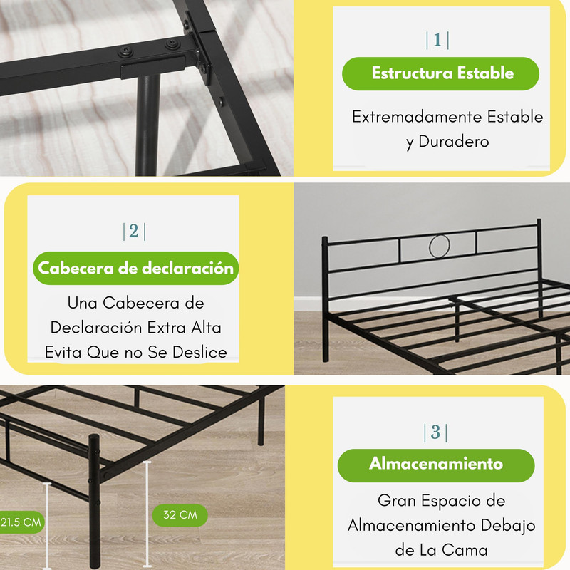 Foto 7 pulgar | Cama Individual Metal Cama Base Para Colchon Con Estribo Estructura De Cama gomyhome