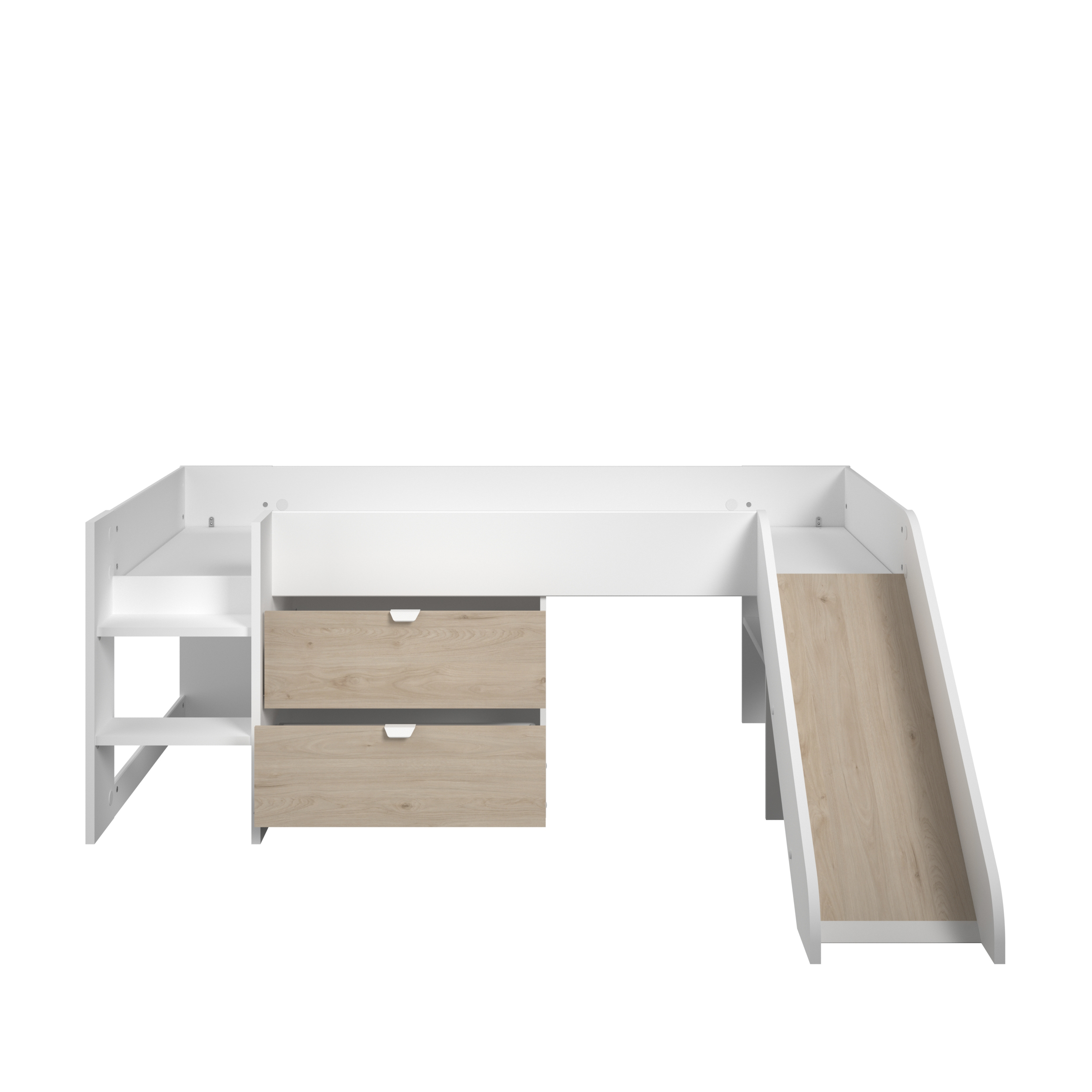 Cama Individual Infantil Con Escalera, Resbaladilla Y Con 2 Cajones. Estructura De Madera Industrial