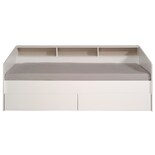 Cama Individual Blanca Con 2 Cajones. Marco Metálico Y Estructura De Madera Industrial