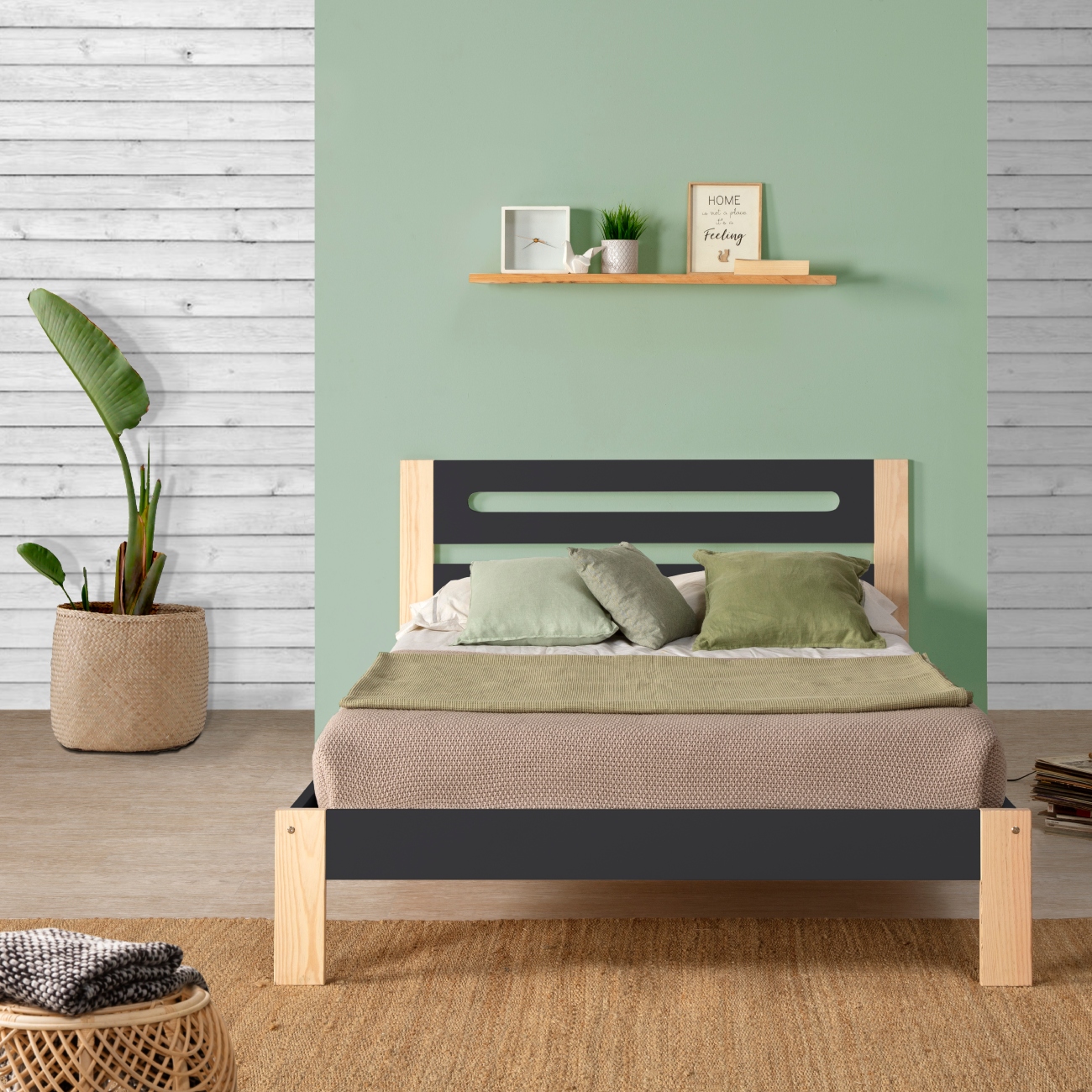 Foto 4 | Cama Matrimonial Gris Oscuro Y Madera Con Láminas De Pino Macizo