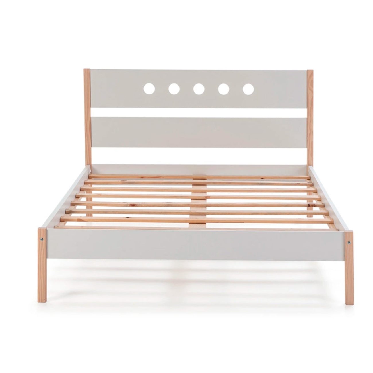 Cama Matrimonial Blanca Y Madera Con Láminas De Madera Maciza