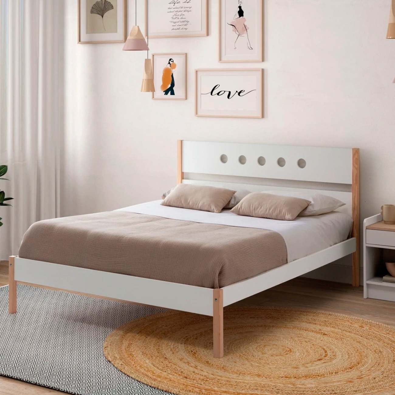 Foto 5 pulgar | Cama Matrimonial Blanca Y Madera Con Láminas De Madera Maciza