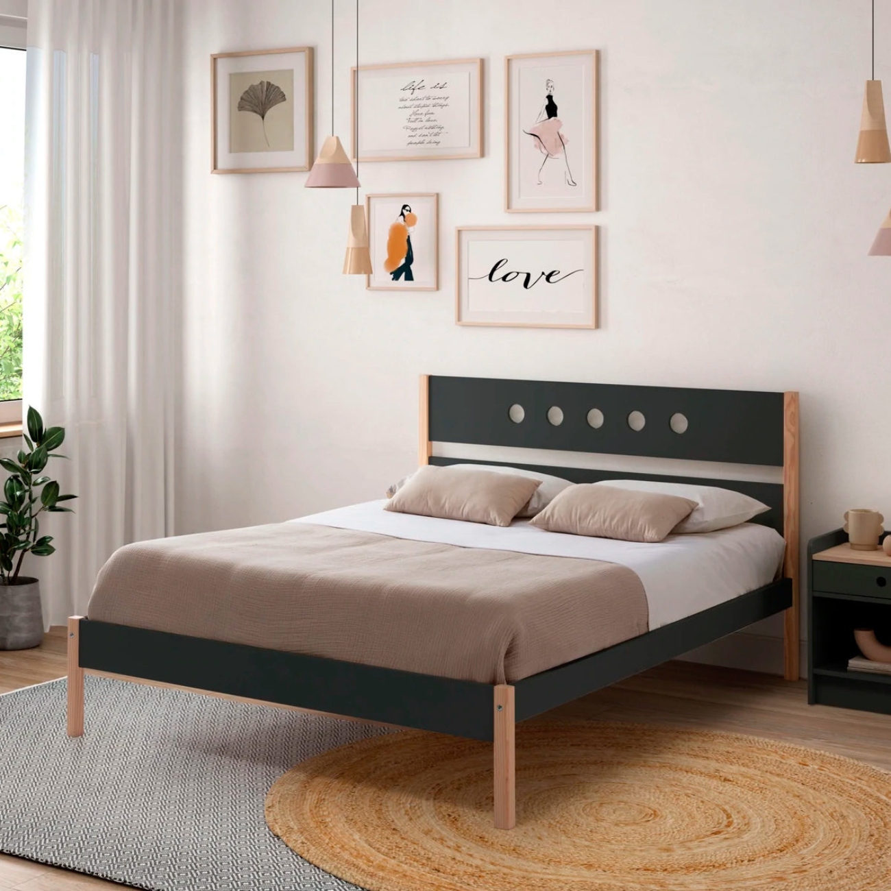 Foto 4 | Cama Matrimonial Gris Obscuro Y Madera Con Láminas De Pino Macizo