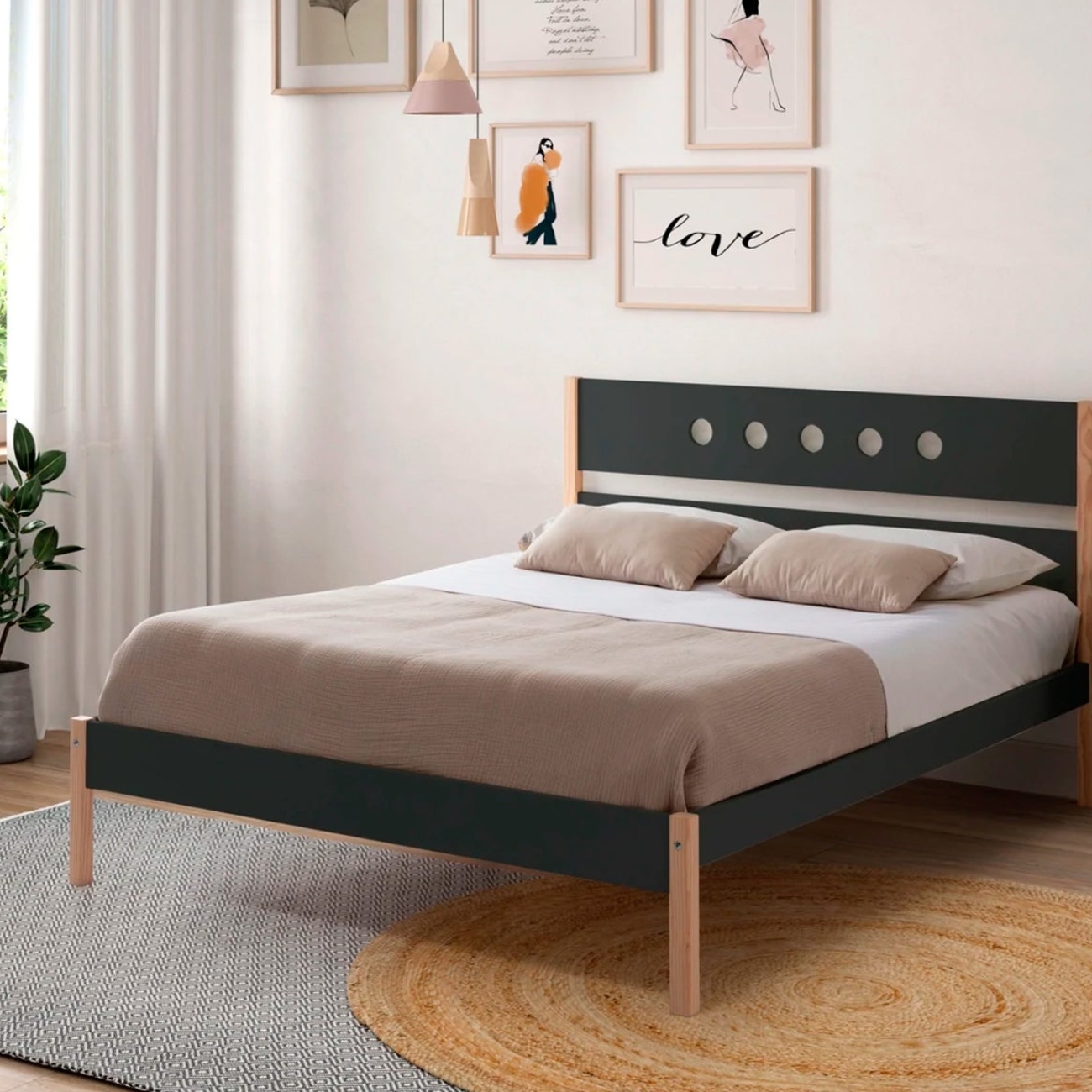 Foto 5 | Cama Matrimonial Gris Obscuro Y Madera Con Láminas De Pino Macizo