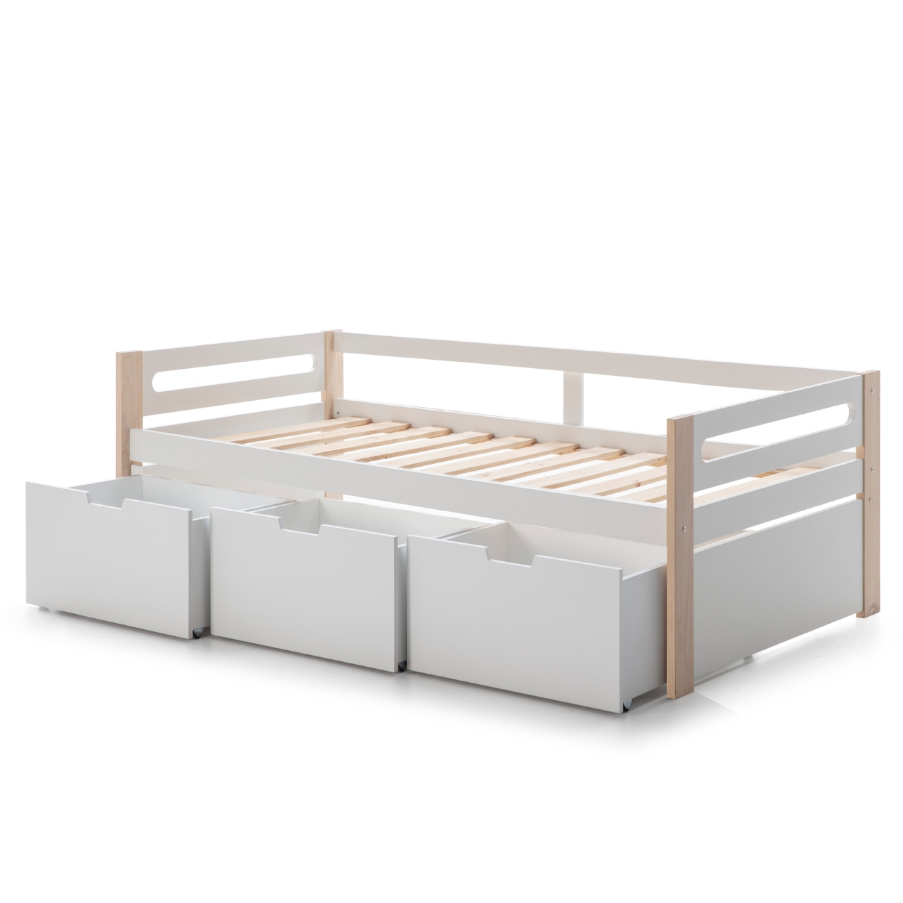 Foto 2 | Cama Individual Blanca Con Láminas De Pino Macizo Con 3 Cajones Y Estructura De Madera Mdf