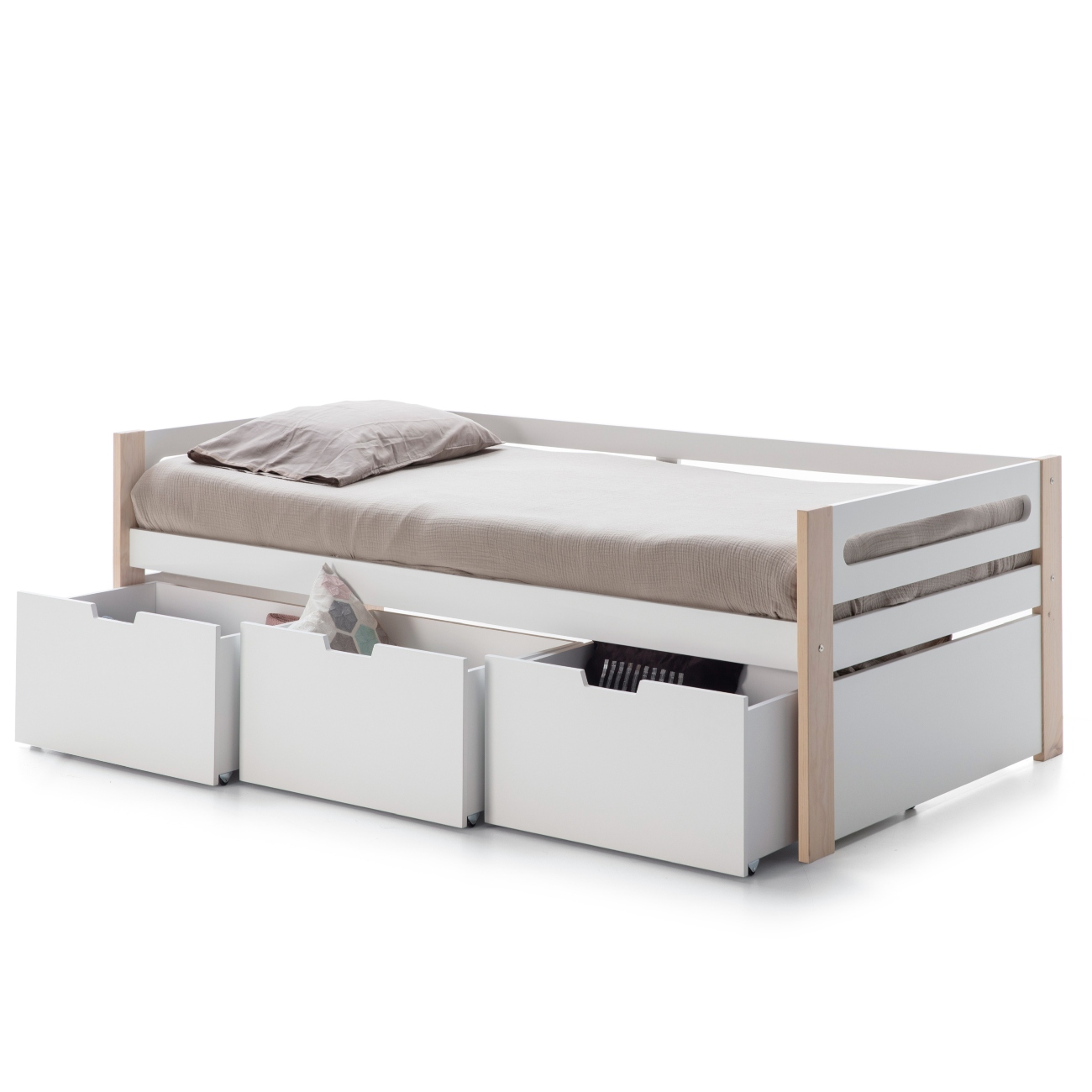 Foto 5 | Cama Individual Blanca Con Láminas De Pino Macizo Con 3 Cajones Y Estructura De Madera Mdf