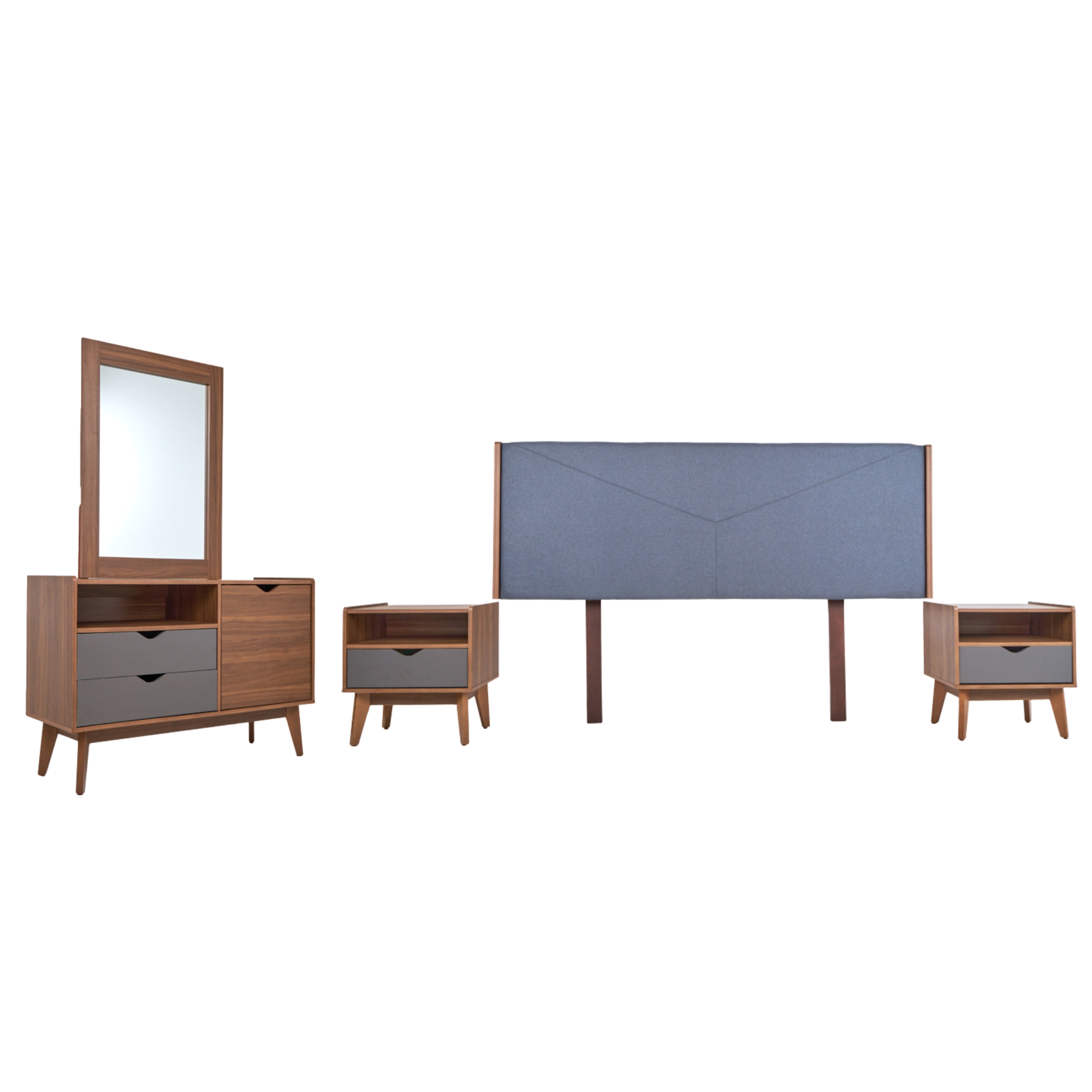 Recámara King Size De 4 Piezas Con Cabecera, 2 Burós Y Tocador Color Nogal Y Gris - Madera Mdf Y Melamina
