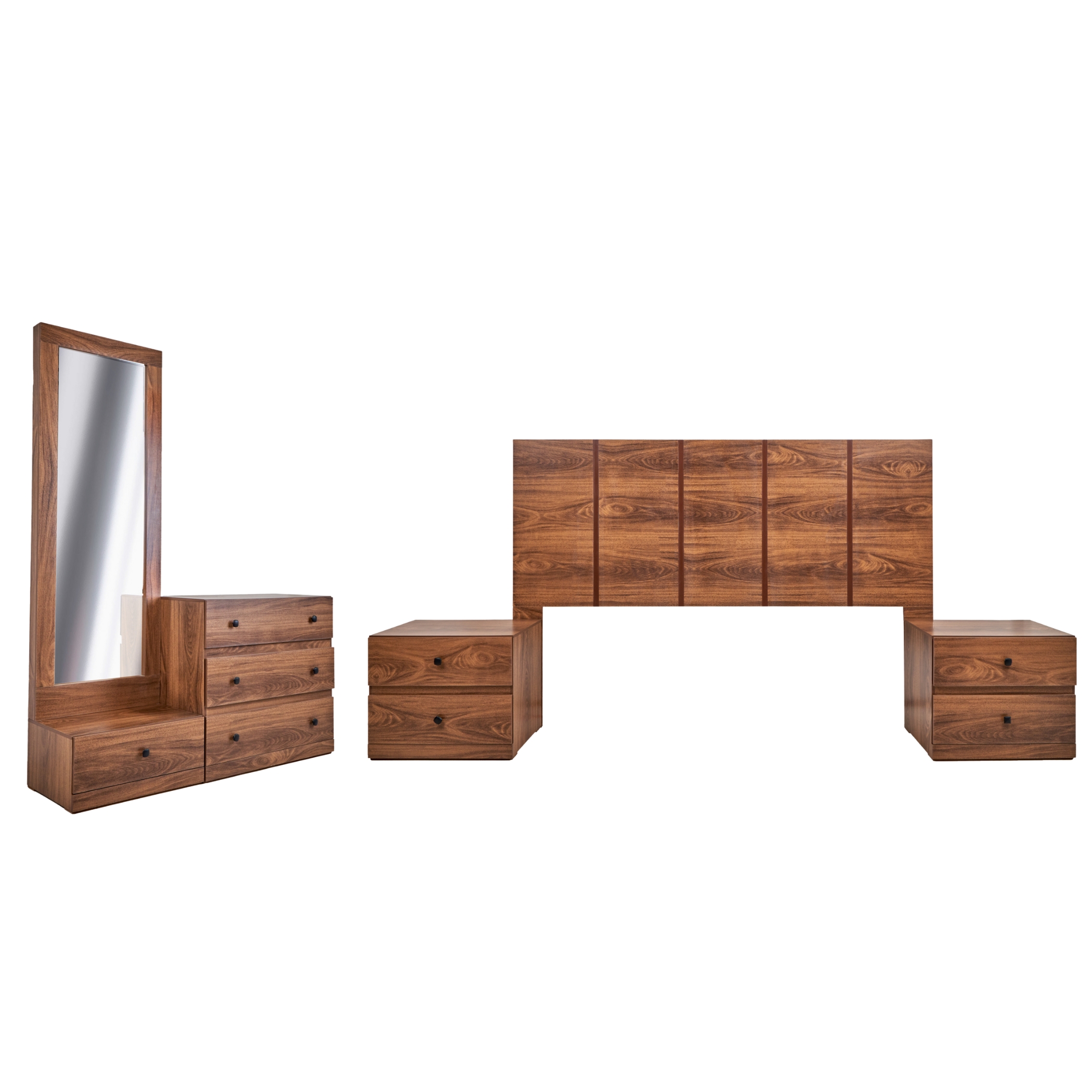 Recámara King Size De 5 Piezas Con Cabecera, 2 Burós, Cajonera Y Espejo Color Nogal -  Madera Mdf