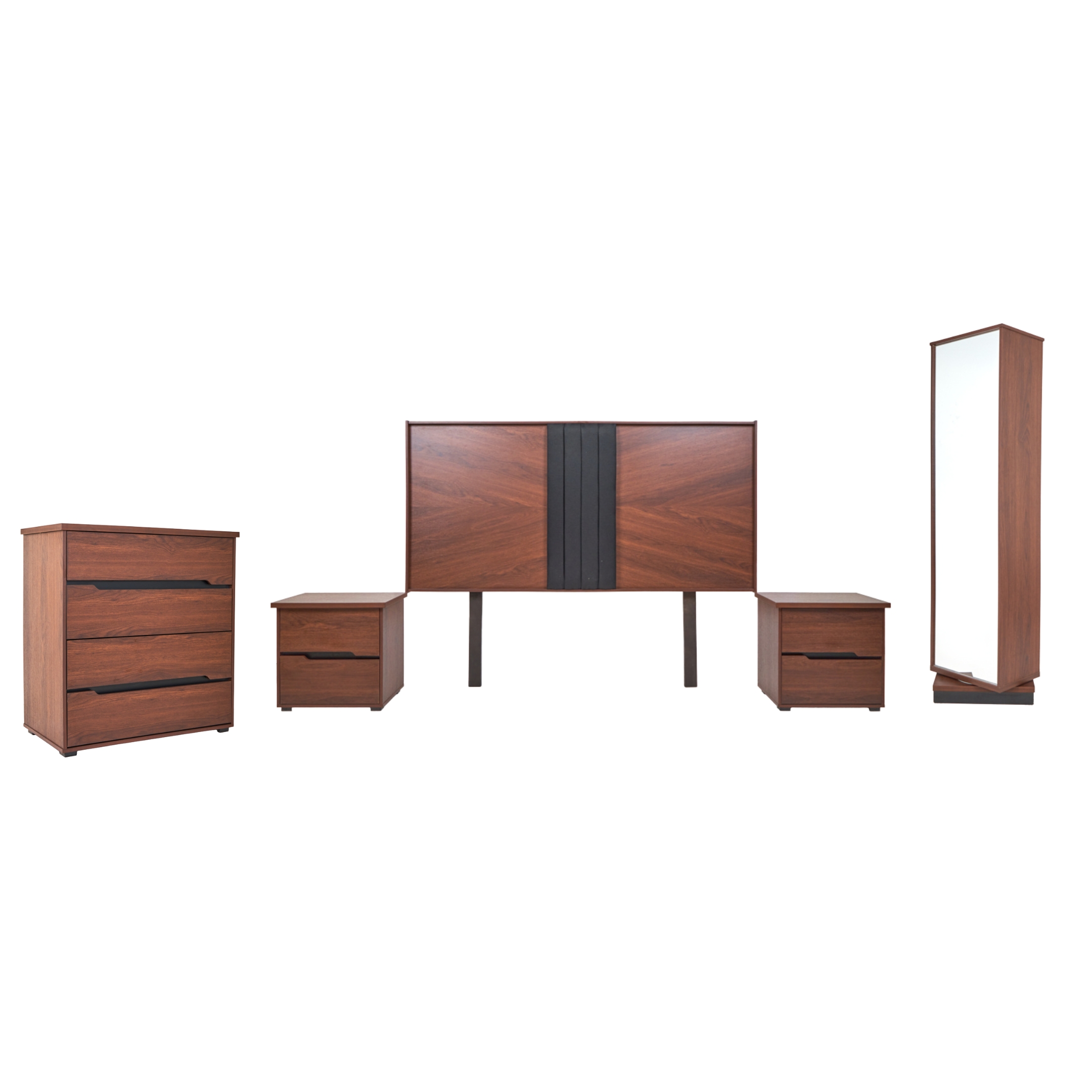 Foto 1 | Recámara King Size De 5 Piezas Con Cabecera, 2 Burós, Cajonera Y Espejo Color Nogal - Madera Mdf Y Melamina