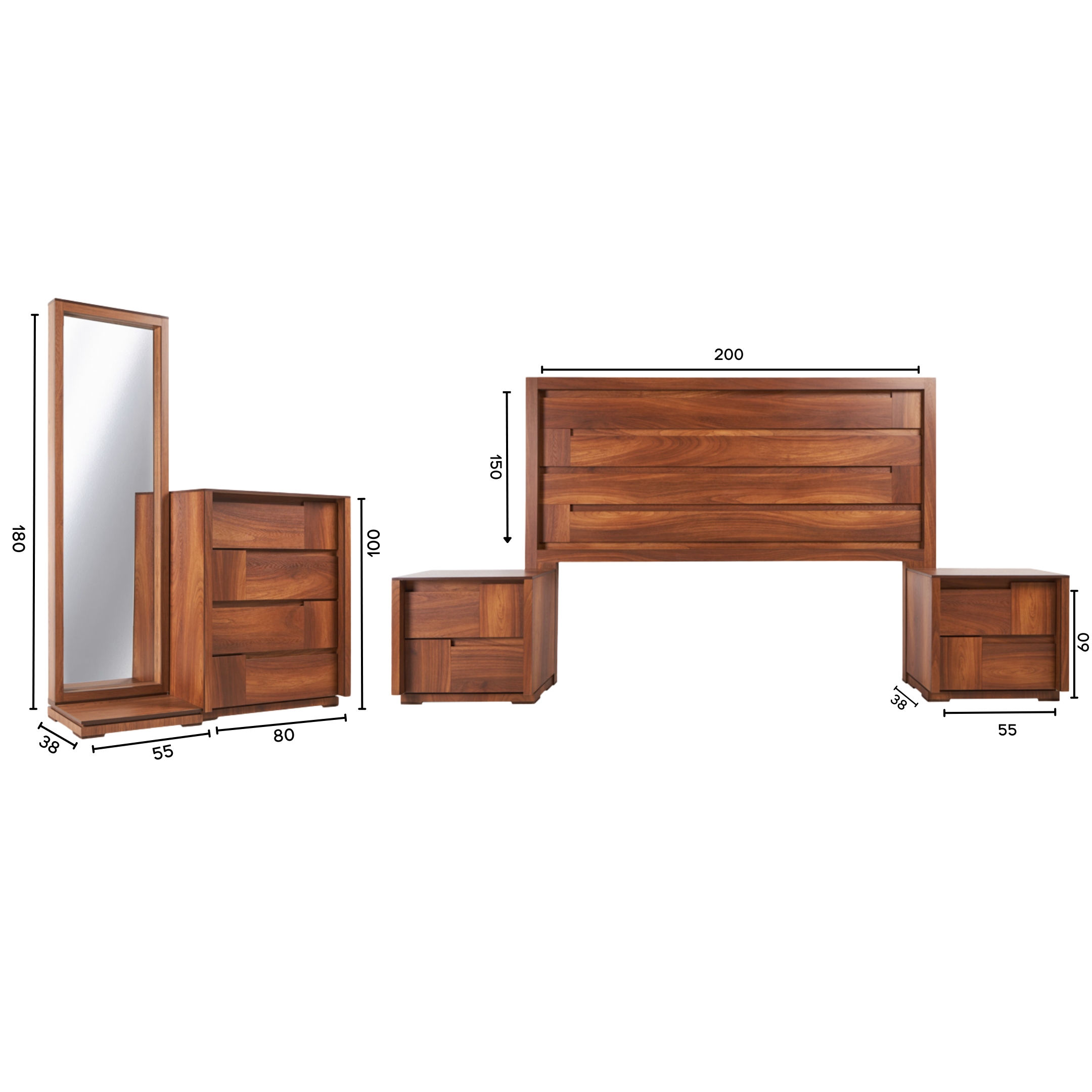 Foto 7 | Recámara King Size De 5 Piezas Con Cabecera, 2 Burós, Cajonera Y Espejo Color Nogal - Madera Mdf Y Melamina