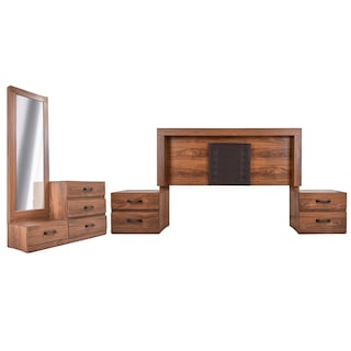 Foto 1 | Recámara King Size De 5 Piezas Con Cabecera, 2 Burós, Cajonera Y Espejo Color Nogal - Madera Mdf