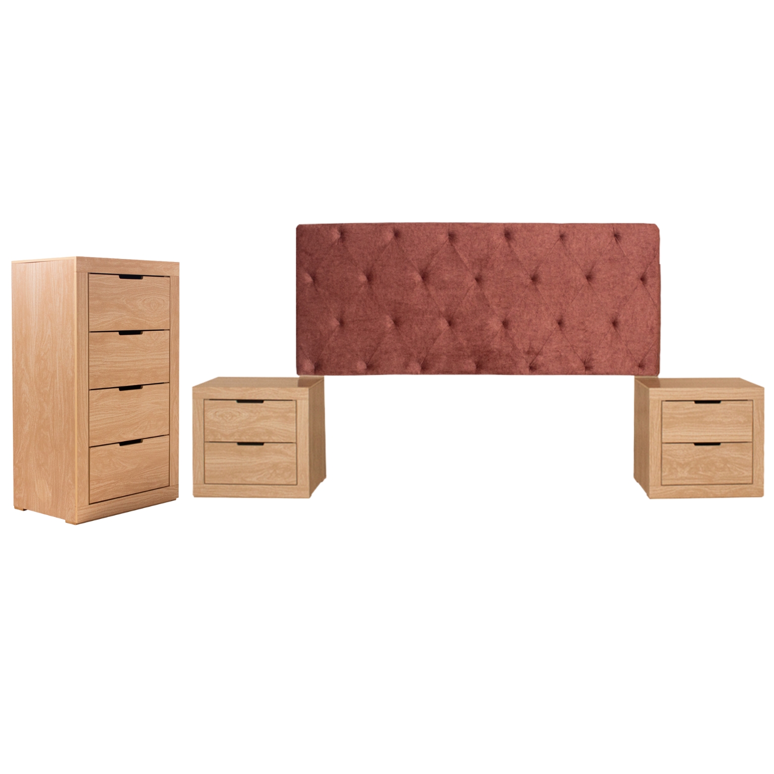 Recámara King Size De 4 Piezas Con Cabecera Tapizada, 2 Burós Y Cajonera Color Rojo Y Natural - Madera Industr