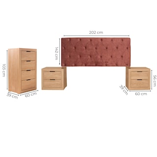 Foto 8 | Recámara King Size De 4 Piezas Con Cabecera Tapizada, 2 Burós Y Cajonera Color Rojo Y Natural - Madera Industr