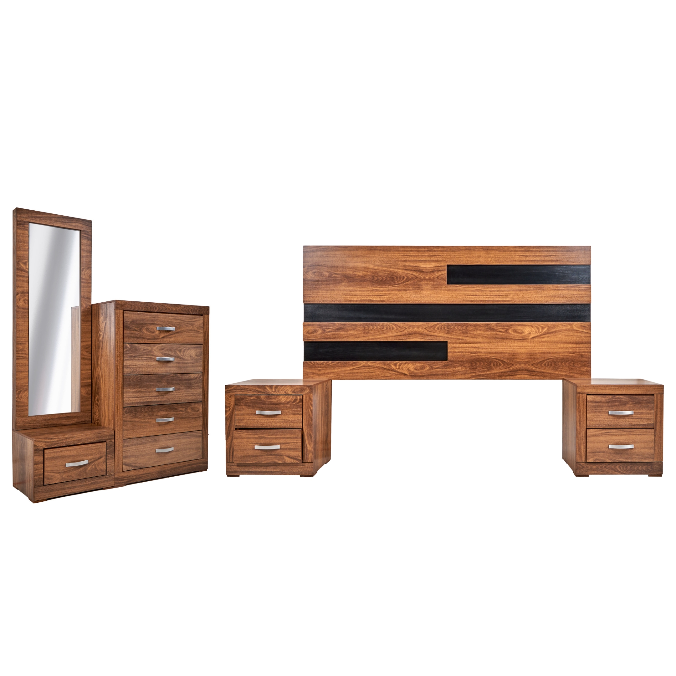 Foto 1 | Recámara King Size De 5 Piezas Con Cabecera, 2 Burós, Cajonera Y Espejo Color Nogal - Madera Mdf