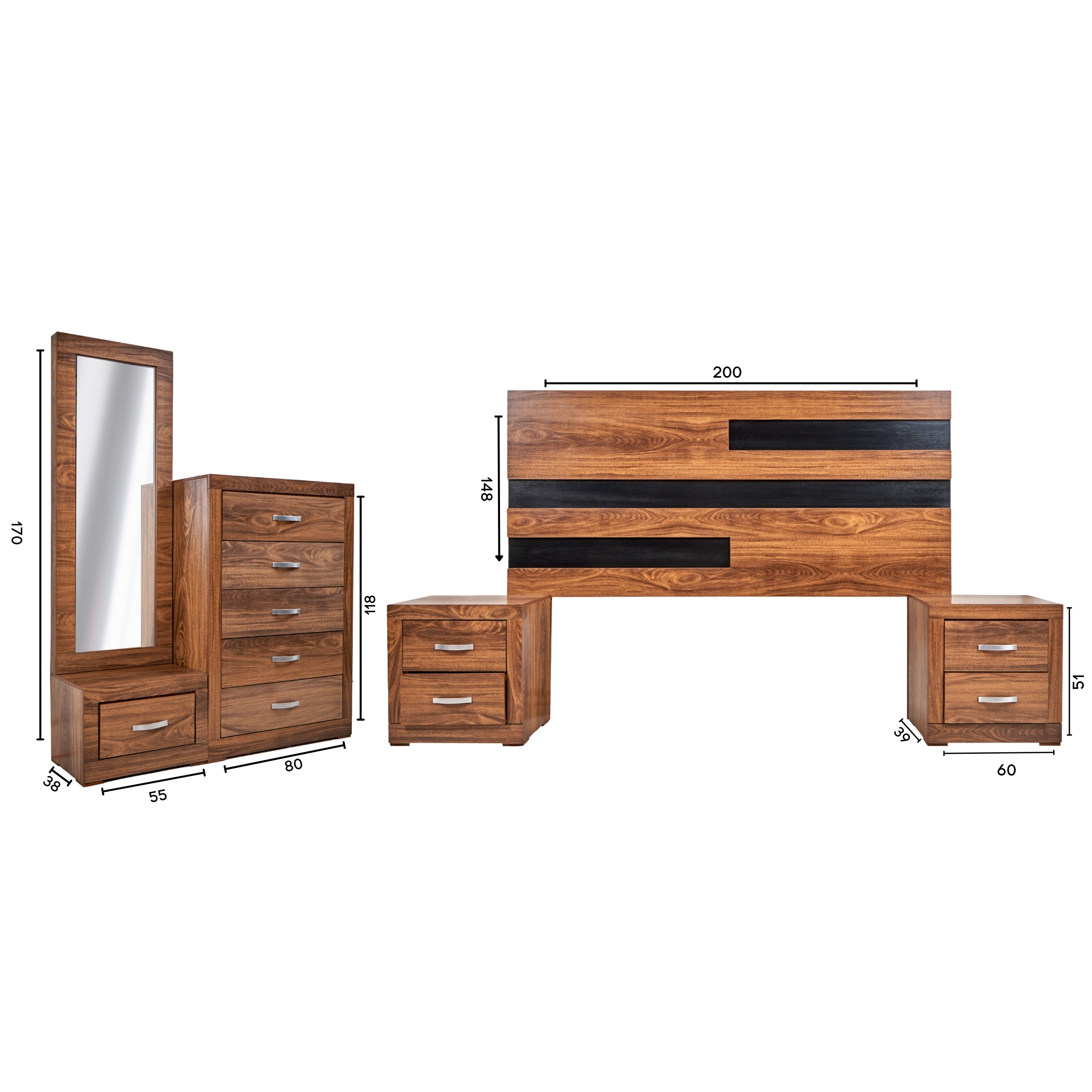 Foto 8 | Recámara King Size De 5 Piezas Con Cabecera, 2 Burós, Cajonera Y Espejo Color Nogal - Madera Mdf