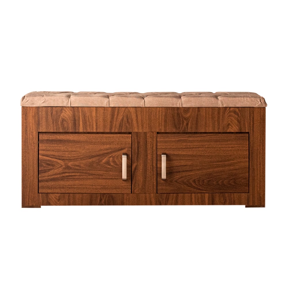 Baúl - Pie De Cama Con 2 Compartimentos Y Banca Tapizada Color Nogal - Madera Industrializada Y Tapizado $3,389