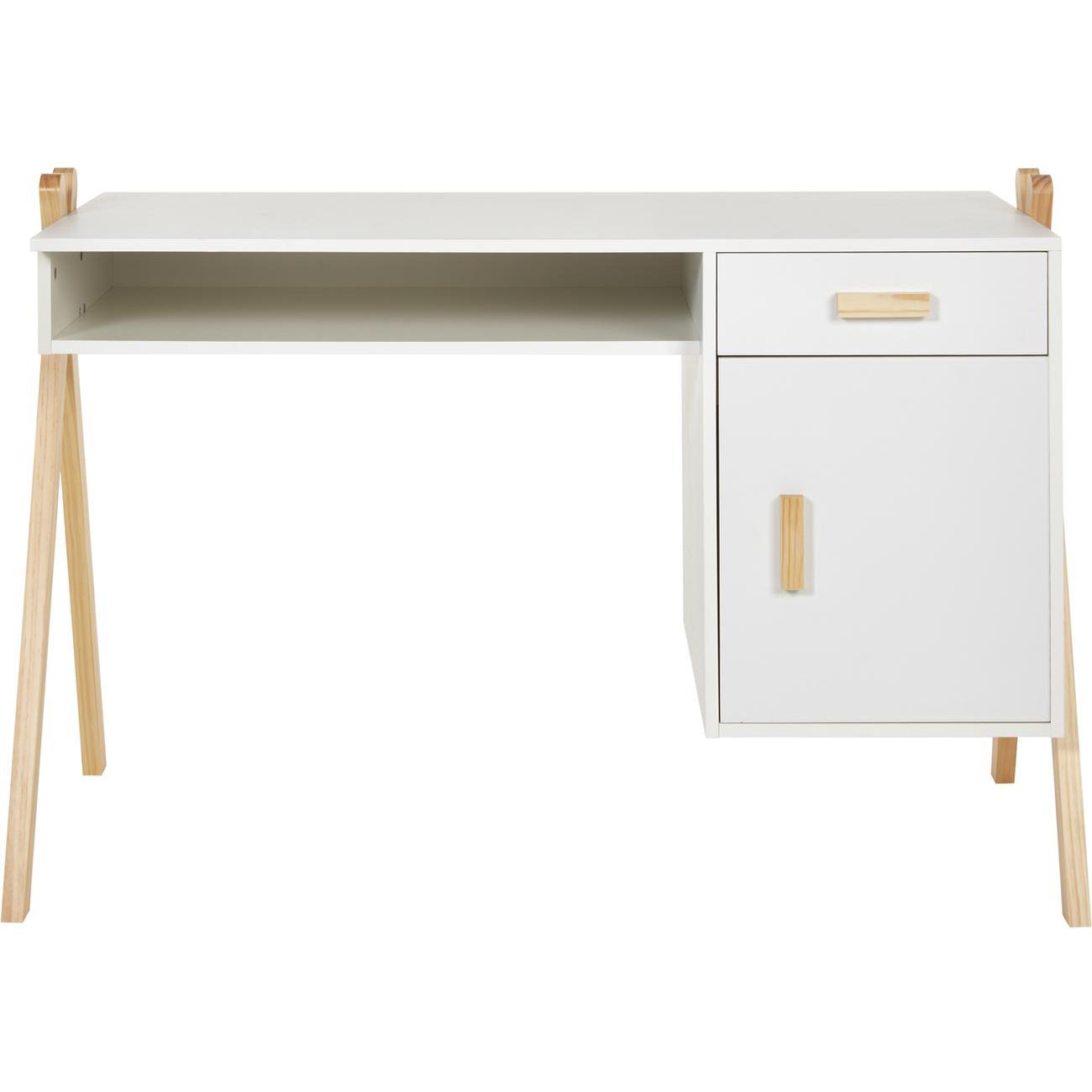 Escritorio Infantil Rectangular Blanco Con 1 Cajón Y 1 Puerta Hecho De Madera Maciza Y Mdf