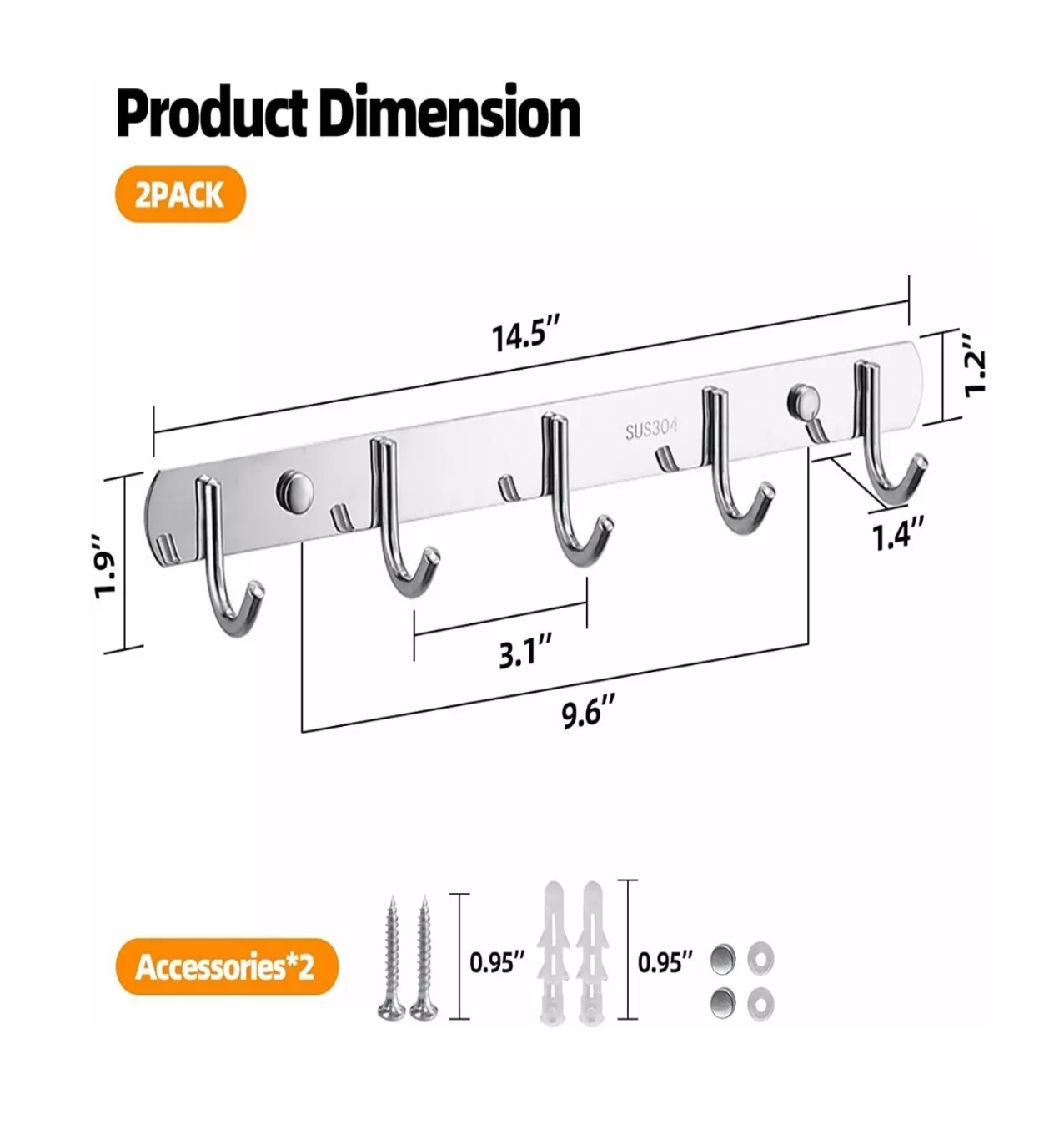 Foto 4 pulgar | Percheros Acero Inox 6 Ganchos Pared Gancho 2pcs