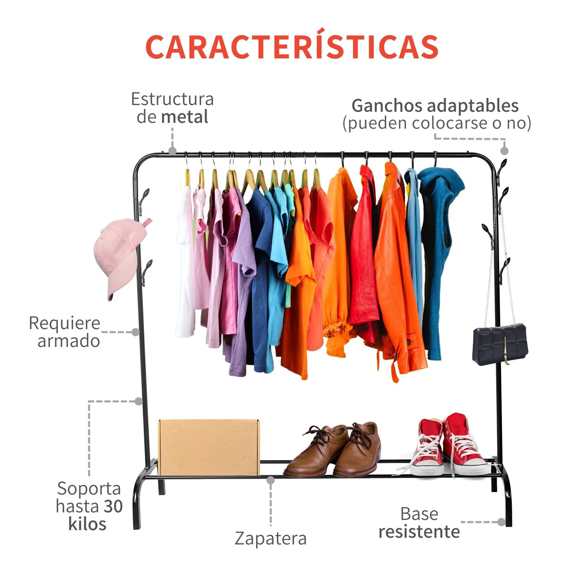 Foto 5 | Rack Organizador de Ropa Portátil con Ganchos y Estante Inferior color Blanco