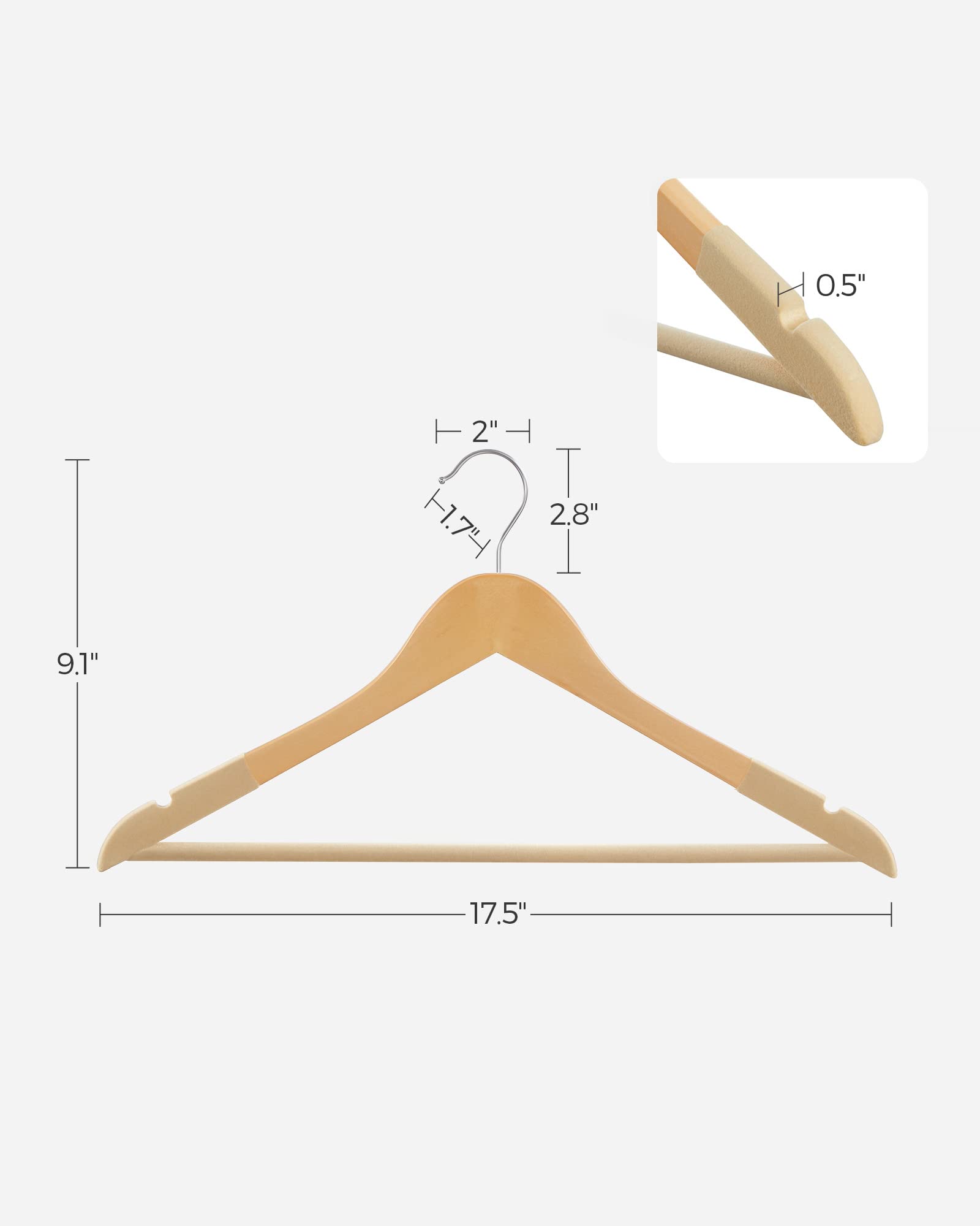 Foto 5 | Perchas De Madera Songmics Con Superficie De Terciopelo, Juego De 20 Unidades, Color Natural