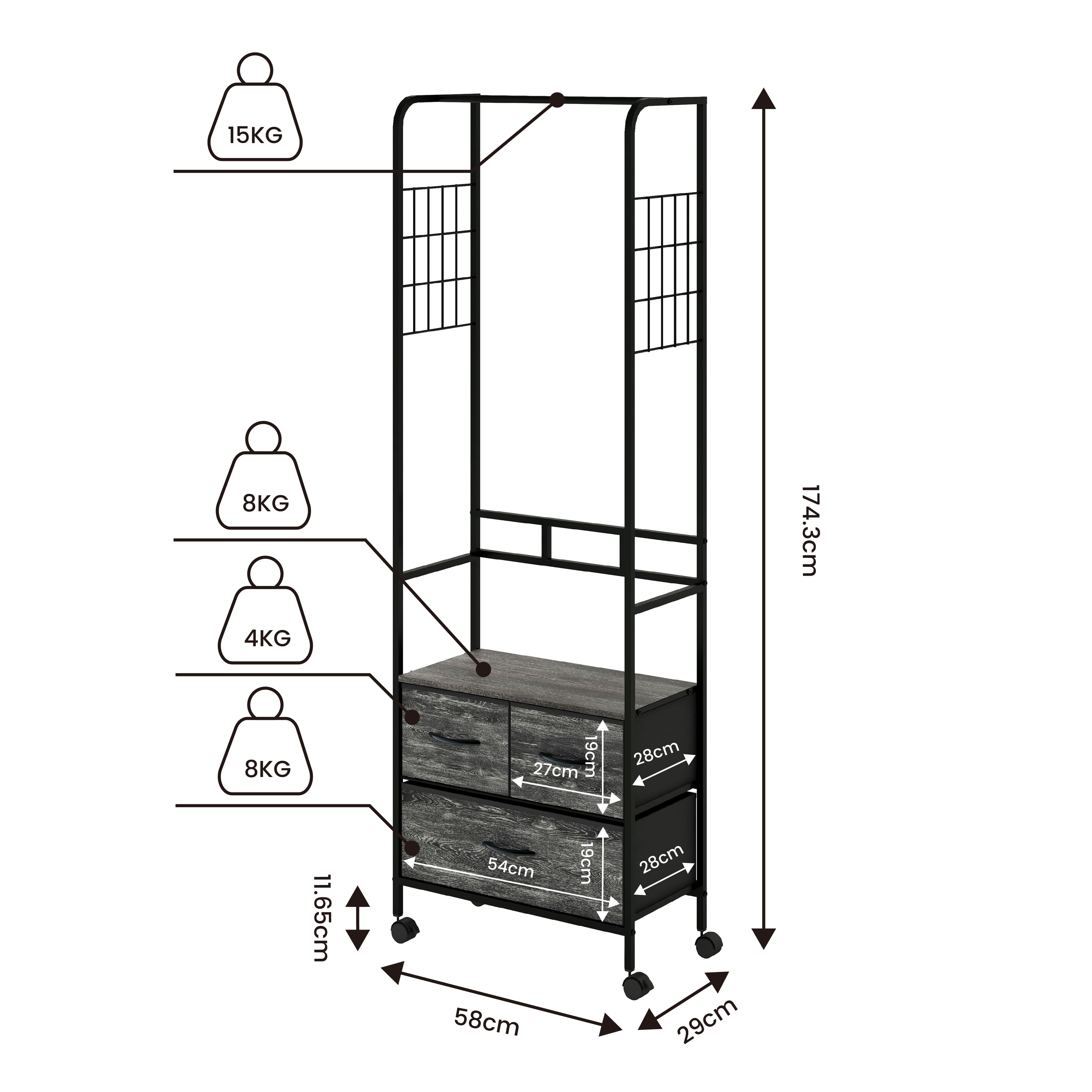 Foto 5 | Organizador Con 2 Cajones, Perchero Y Ruedas Mu:4life 5l-7189-on Oak Negro De Estructura Metal Y Cajones De Tela