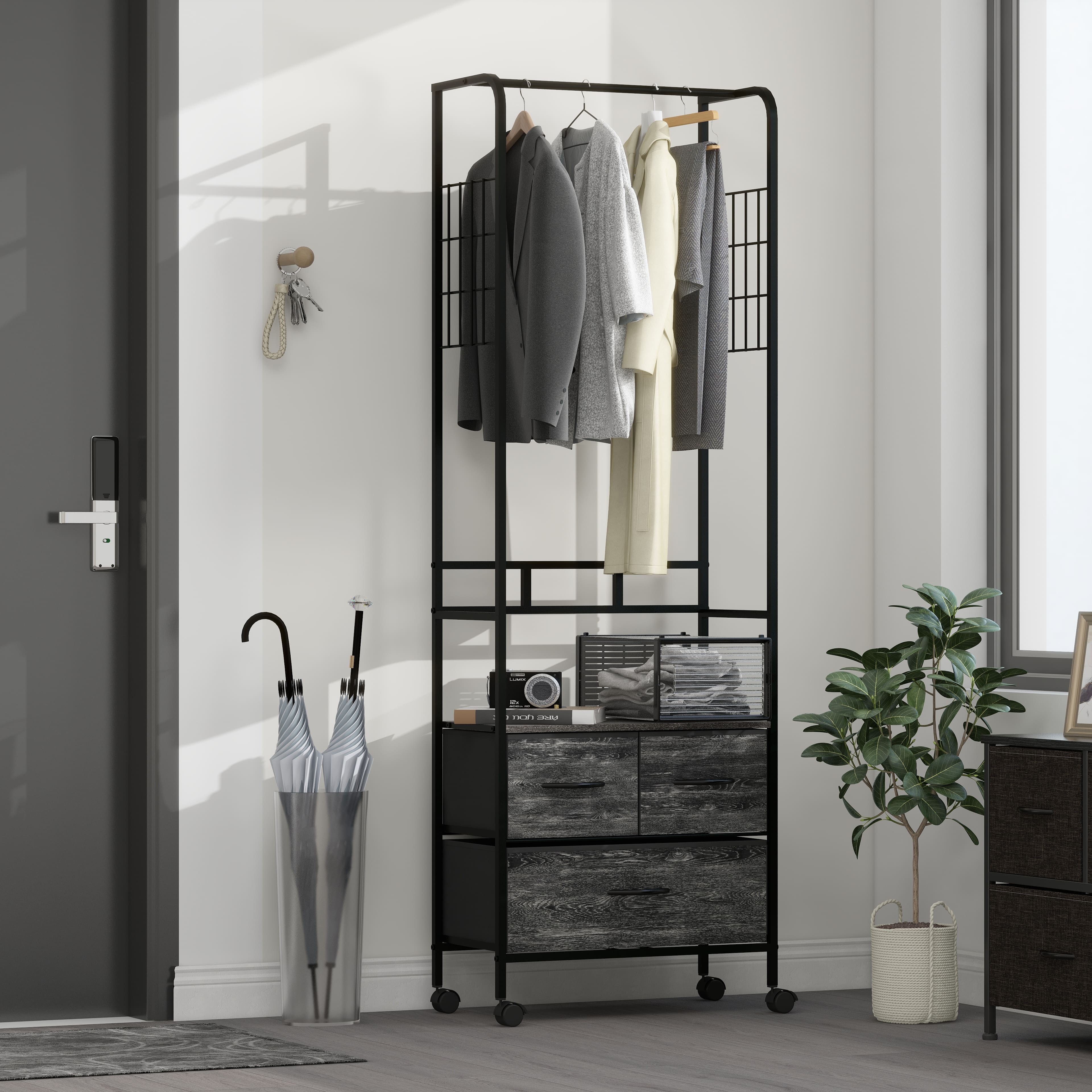Foto 6 | Organizador Con 2 Cajones, Perchero Y Ruedas Mu:4life 5l-7189-on Oak Negro De Estructura Metal Y Cajones De Tela