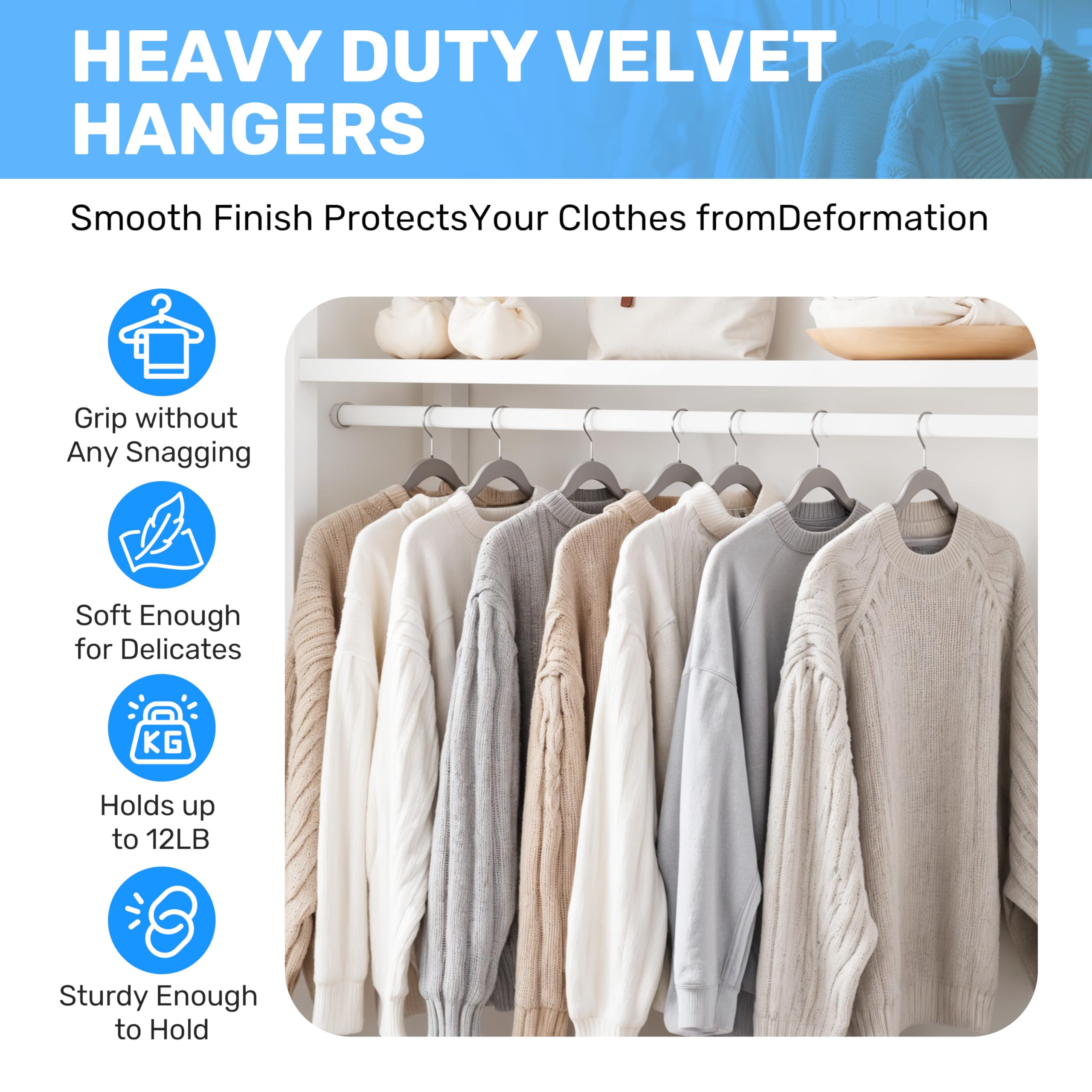 Foto 3 | Velvet Hangers Simple Deluxe, Paquete De 70 Unidades, Fieltro Antideslizante, Gris - Venta Internacional.