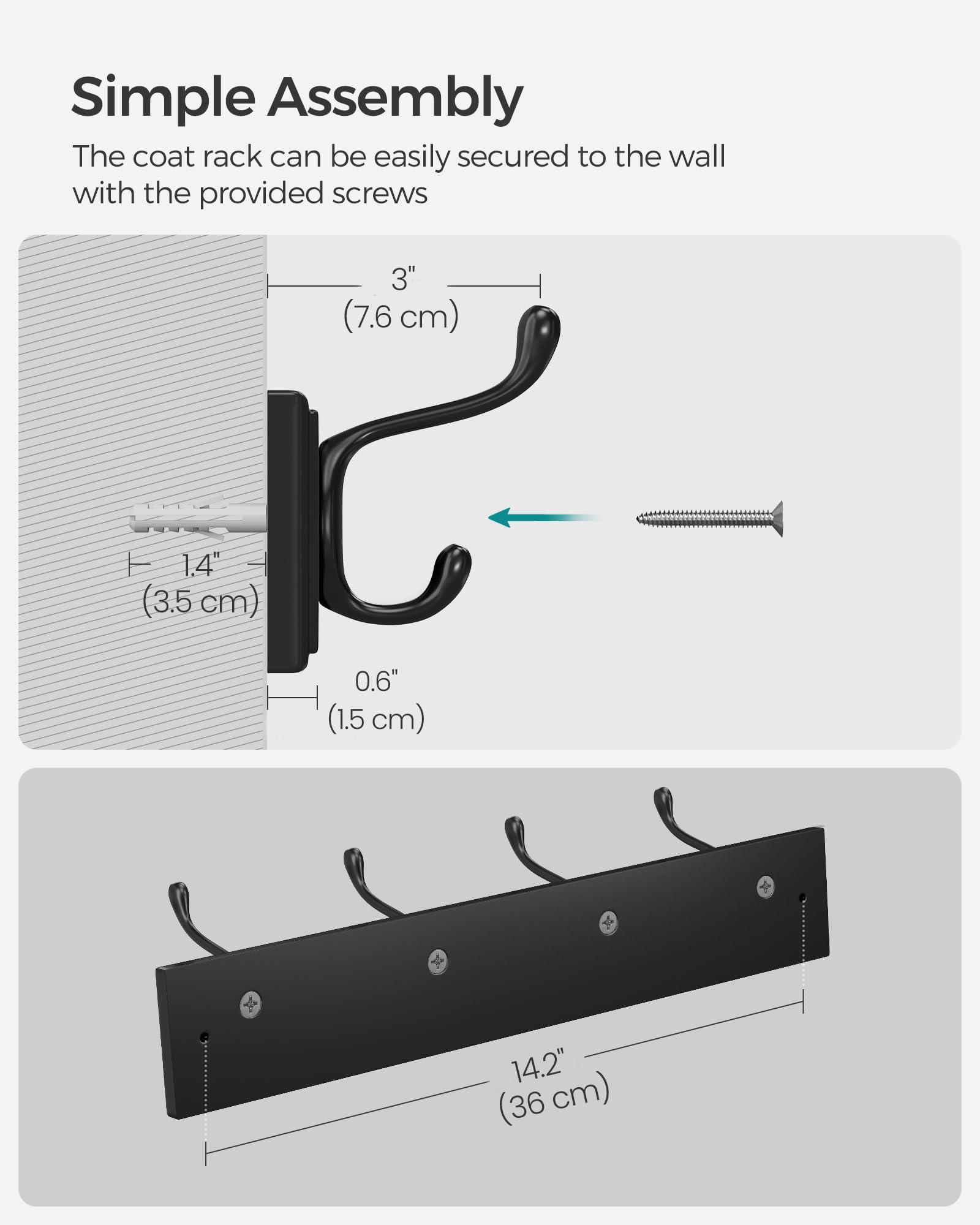 Foto 7 | Perchero De Pared Songmics Negro Con 4 Ganchos Dobles - Venta Internacional.
