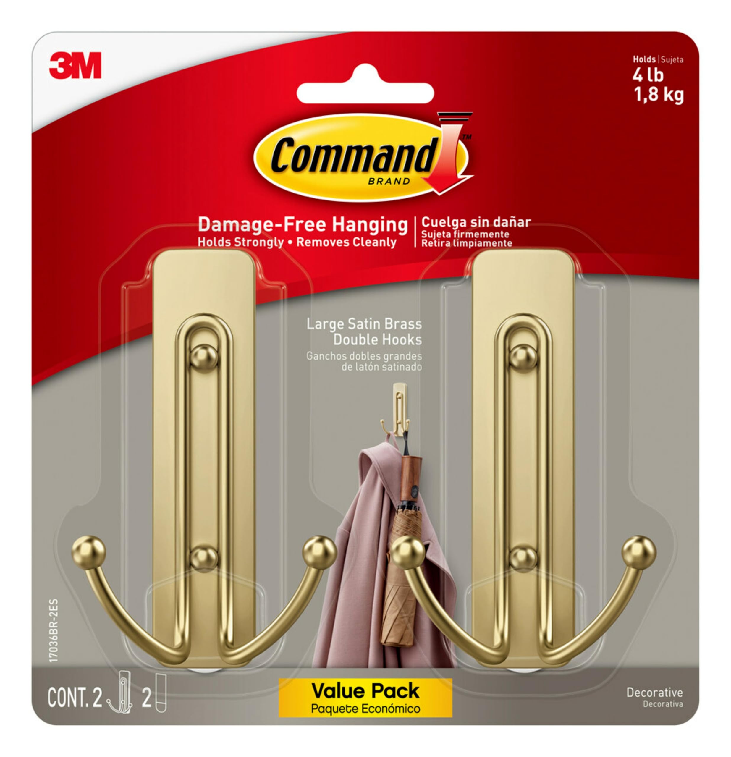 Foto 2 pulgar | Wall Hooks Command, Tamaño Grande, De Latón Satinado, 2 Ganchos Dobles, 4 Libras - Venta Internacional.