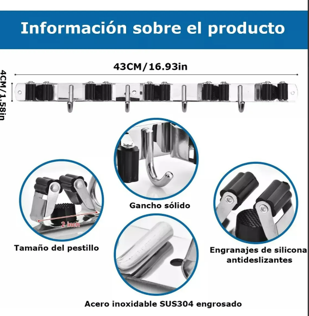 Foto 3 pulgar | Organizador Xtellar De Acero Inoxidable 2pcs  Porta Escobas Y Fregonas Con 5 Estantes Y 4 Ganchos