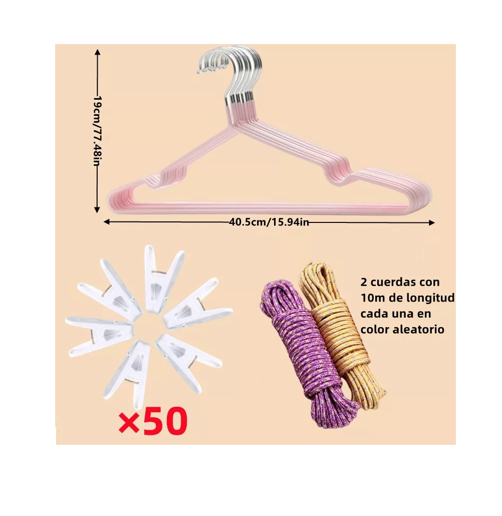 Foto 3 pulgar | Ganchos para Ropa 25 Piezas más 50 Pinzas más 20 m de Tendedero Rosa Nórdico