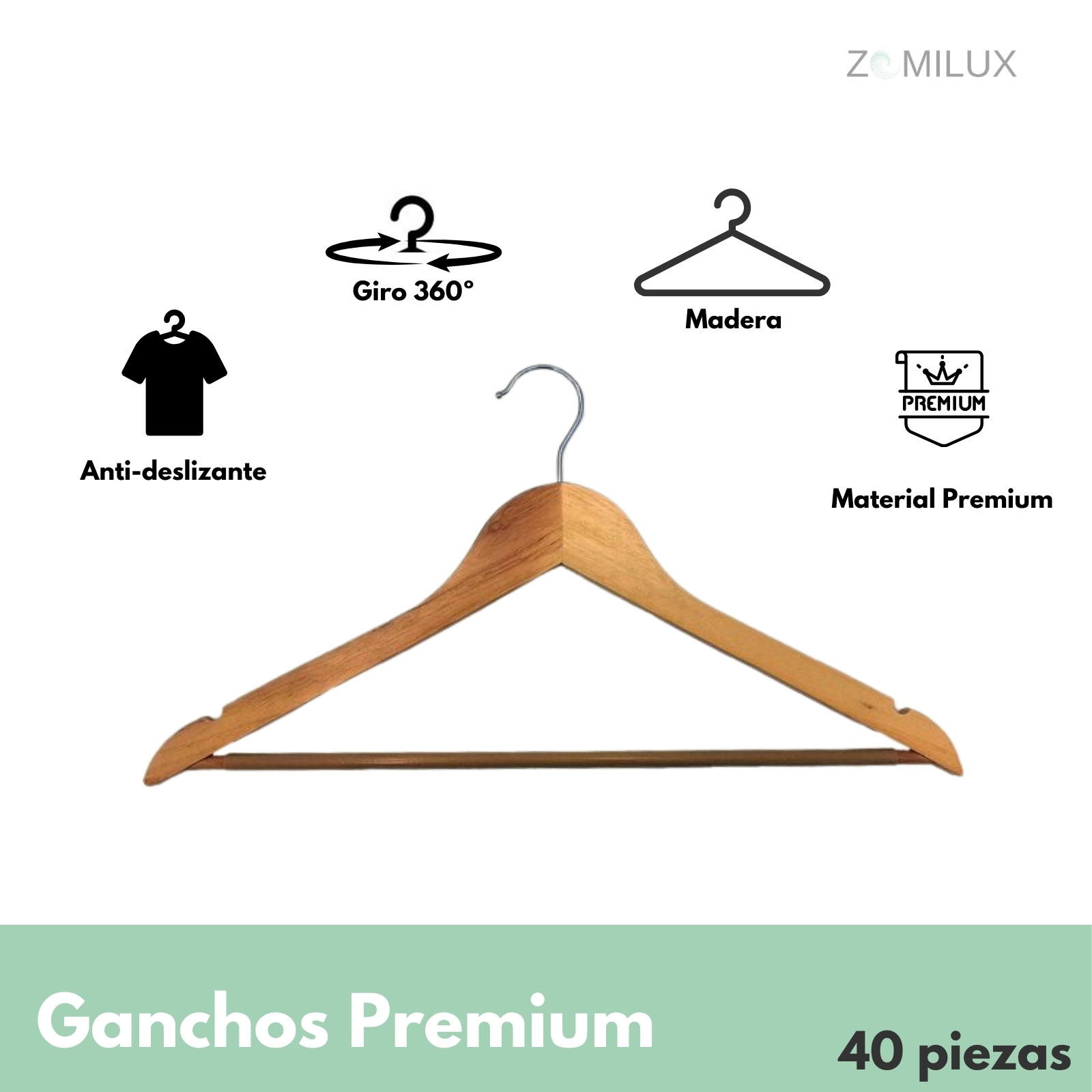 Foto 3 pulgar | 40 Ganchos Para Ropa Madera Premium Zomilux, Perchas Para Pantalones Con Barra Antideslizante Y Gancho Giratorio 360°