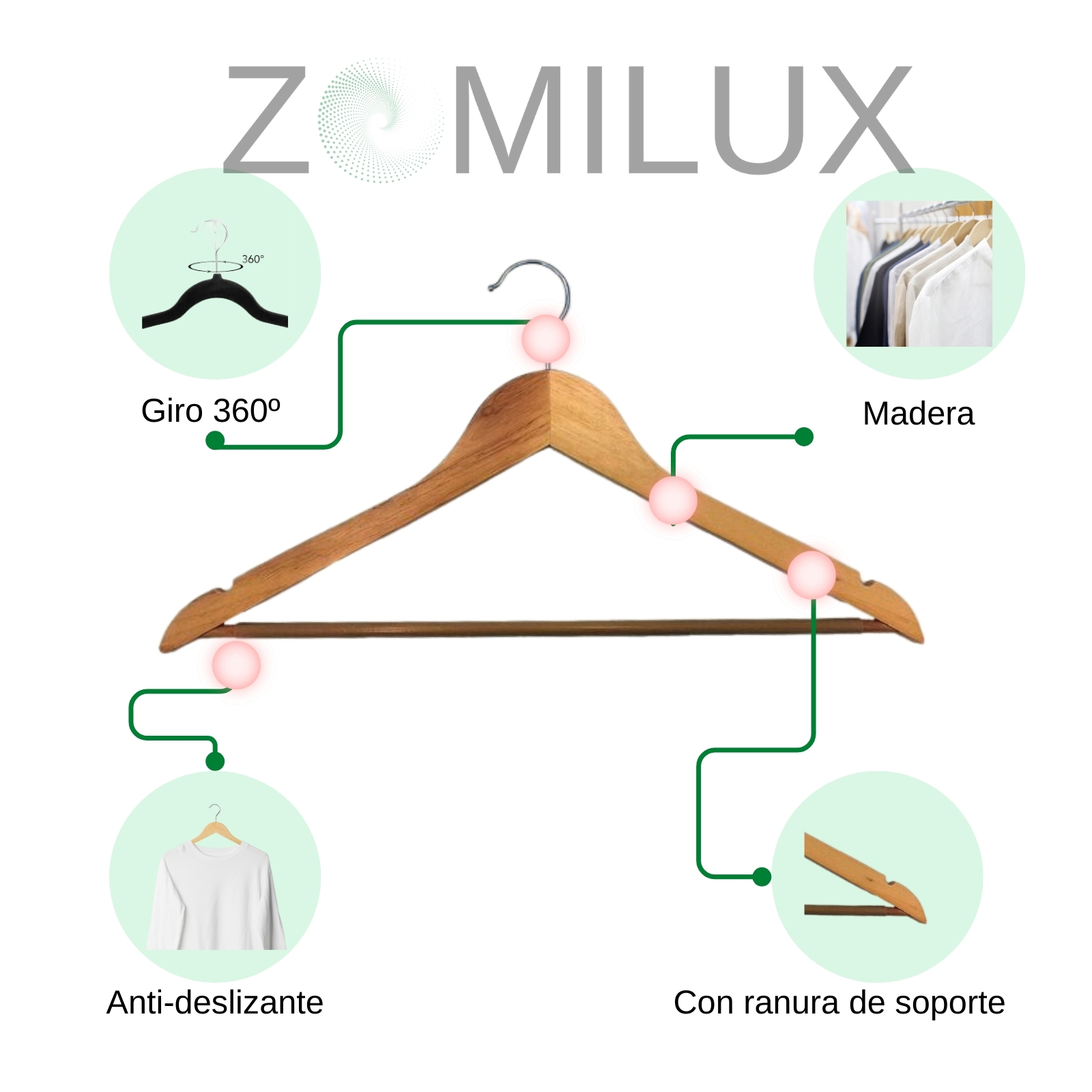 Foto 6 pulgar | 40 Ganchos Para Ropa Madera Premium Zomilux, Perchas Para Pantalones Con Barra Antideslizante Y Gancho Giratorio 360°