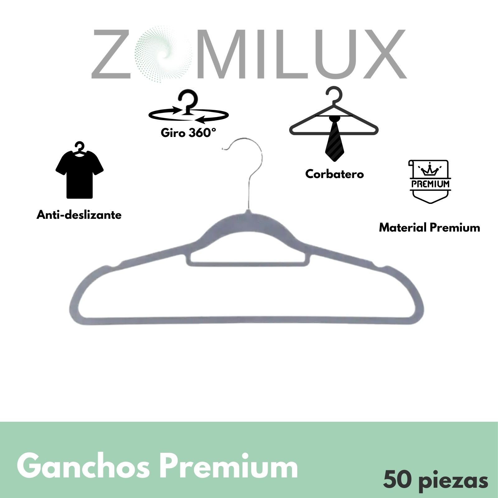 Foto 3 pulgar | 50 Ganchos Para Ropa De Terciopelo Premium Zomilux, Perchas Antideslizantes Y Resistentes, Gancho Giratorio 360°, Gris