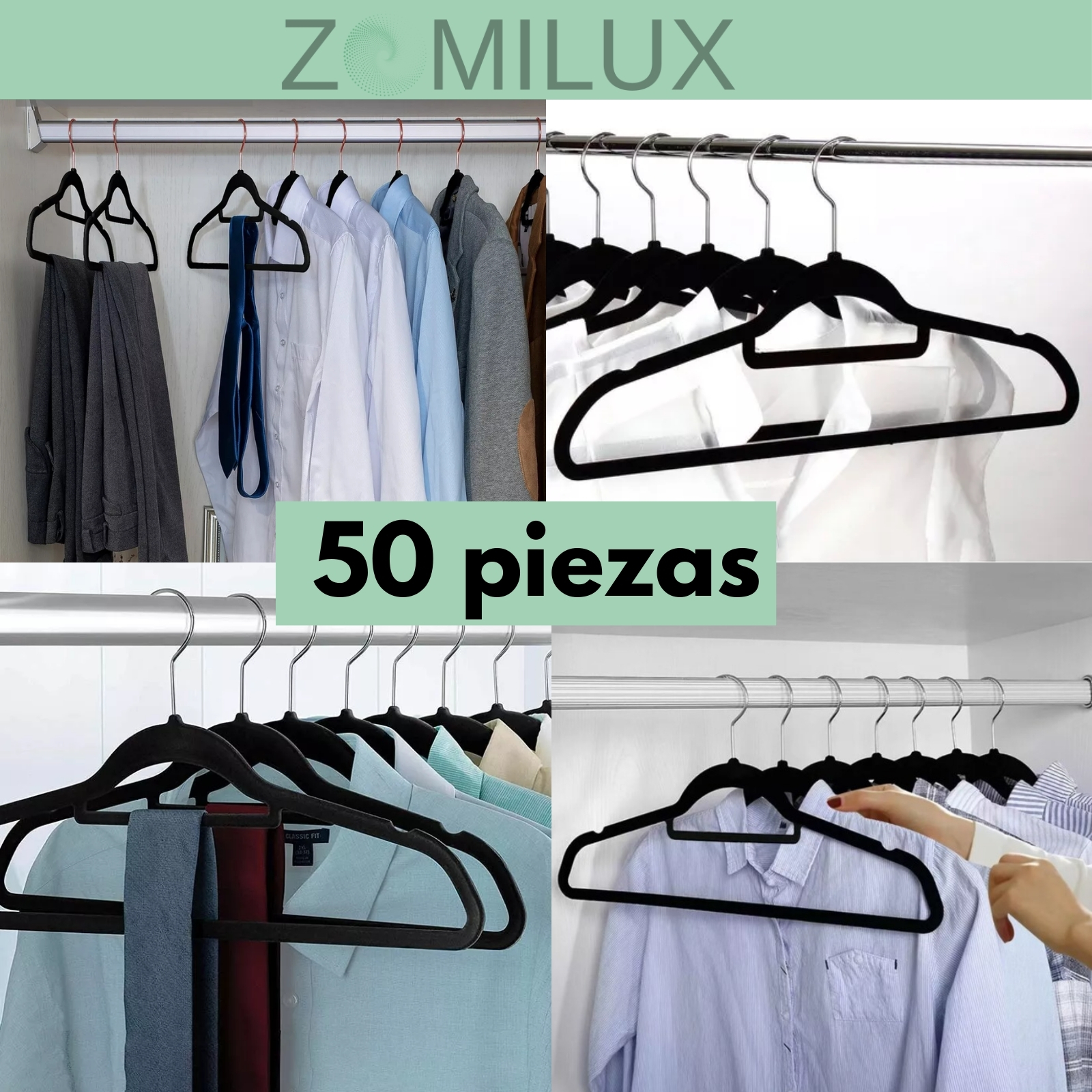 Foto 7 pulgar | 50 Ganchos Para Ropa De Terciopelo Premium Zomilux, Perchas Antideslizantes Y Resistentes, Gancho Giratorio 360°, Gris