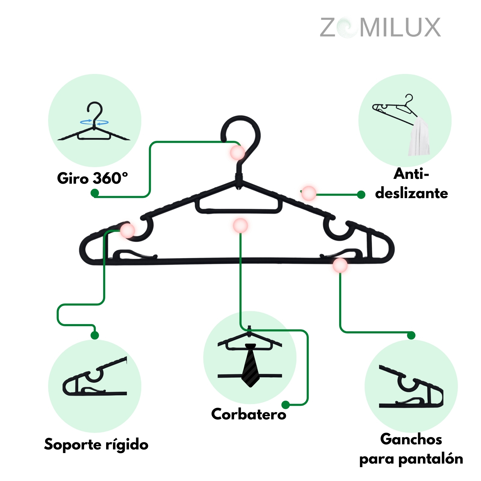 Foto 5 | 50 Ganchos Para Ropa De Plástico Premium Zomilux, Perchas Antideslizantes, Ultras Resistentes Con Gancho Giratorio 360°