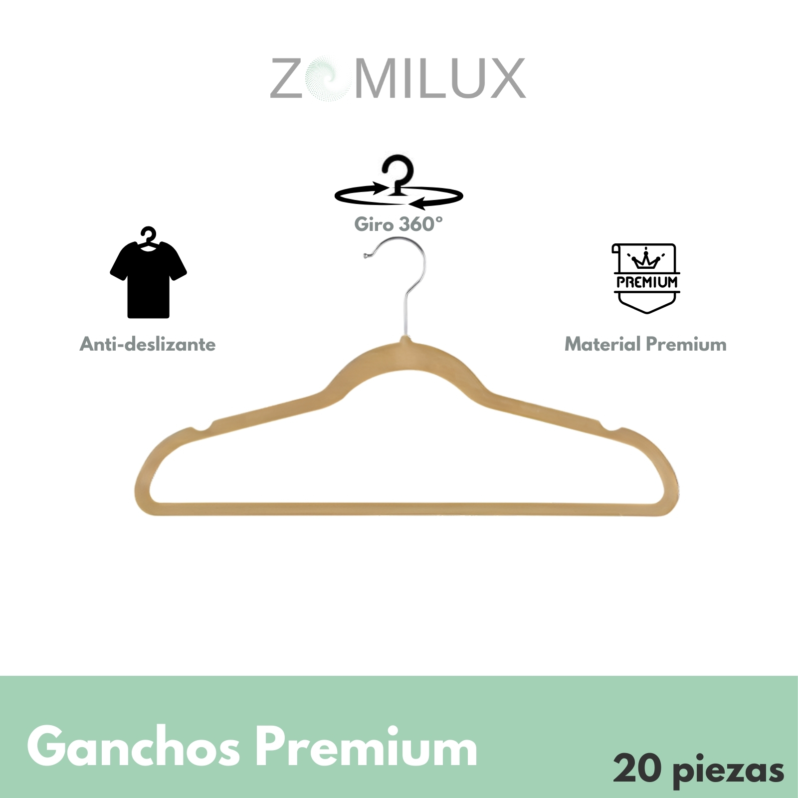 Foto 3 pulgar | 20 Ganchos Para Ropa Infantil De Terciopelo Premium Zomilux, Perchas Antideslizantes Con Gancho Giratorio 360°, Beige