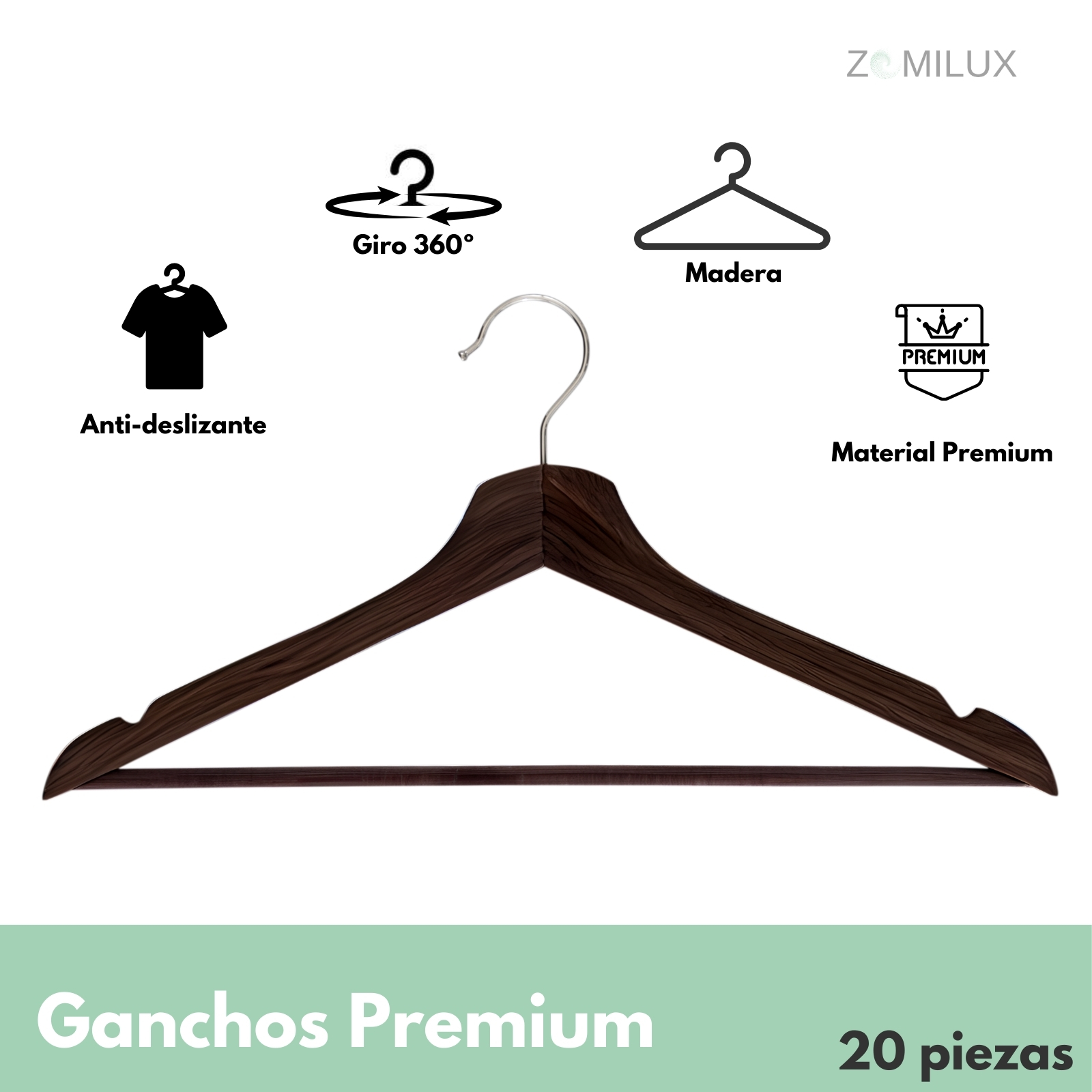 Foto 3 pulgar | 20 Ganchos Para Ropa Madera Premium Zomilux Perchas Para Pantalones Con Barra Antideslizante Gancho Giratorio 360° Caob