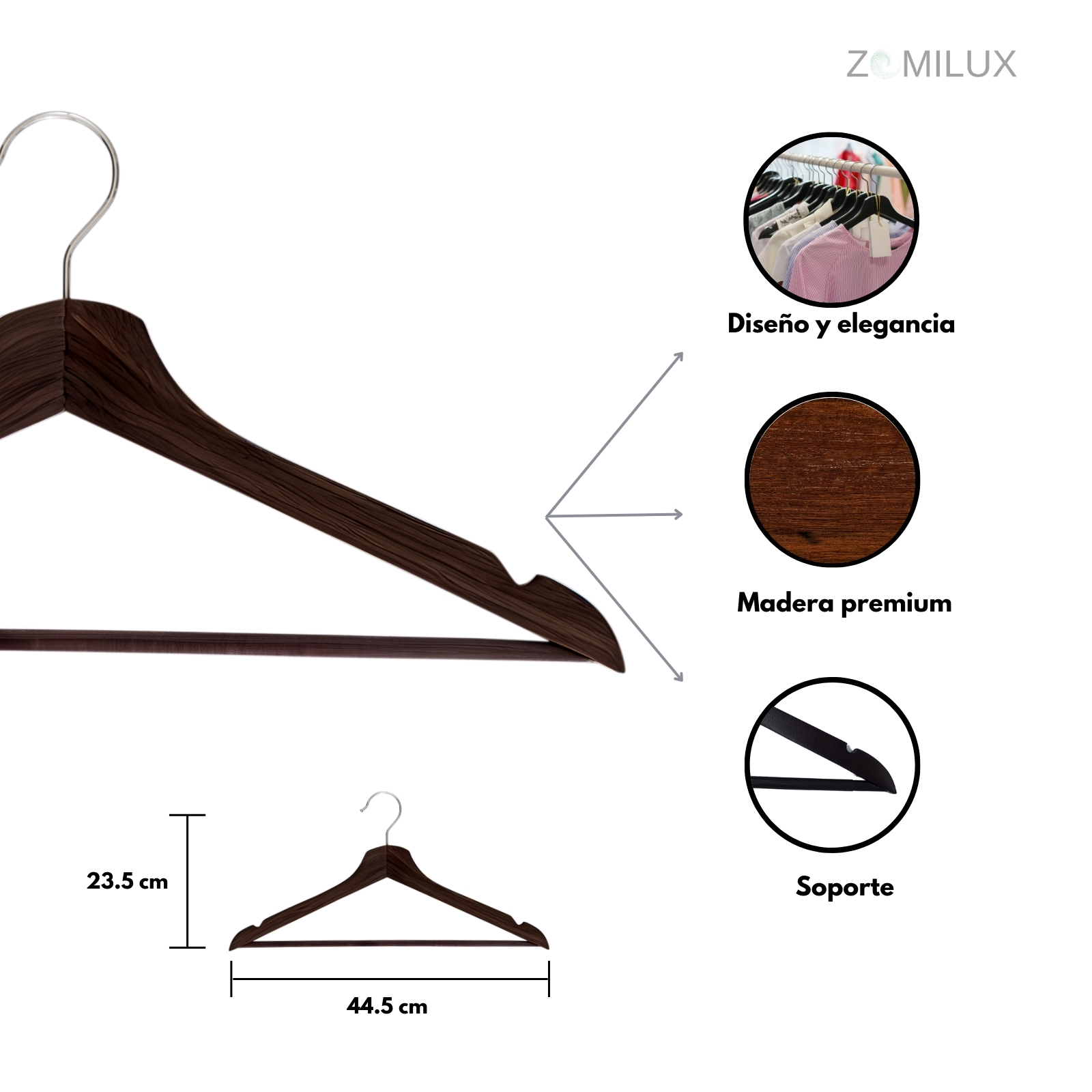 Foto 4 pulgar | 20 Ganchos Para Ropa Madera Premium Zomilux Perchas Para Pantalones Con Barra Antideslizante Gancho Giratorio 360° Caob