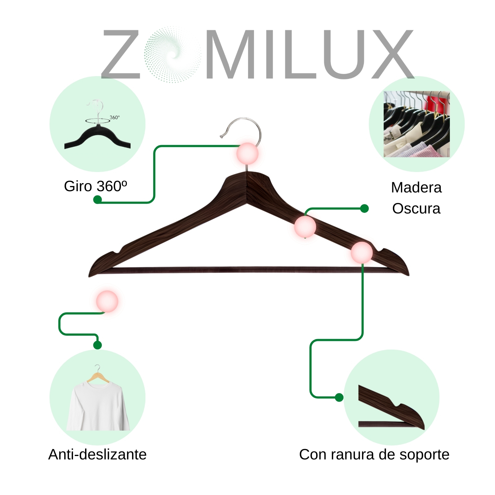 Foto 6 pulgar | 20 Ganchos Para Ropa Madera Premium Zomilux Perchas Para Pantalones Con Barra Antideslizante Gancho Giratorio 360° Caob