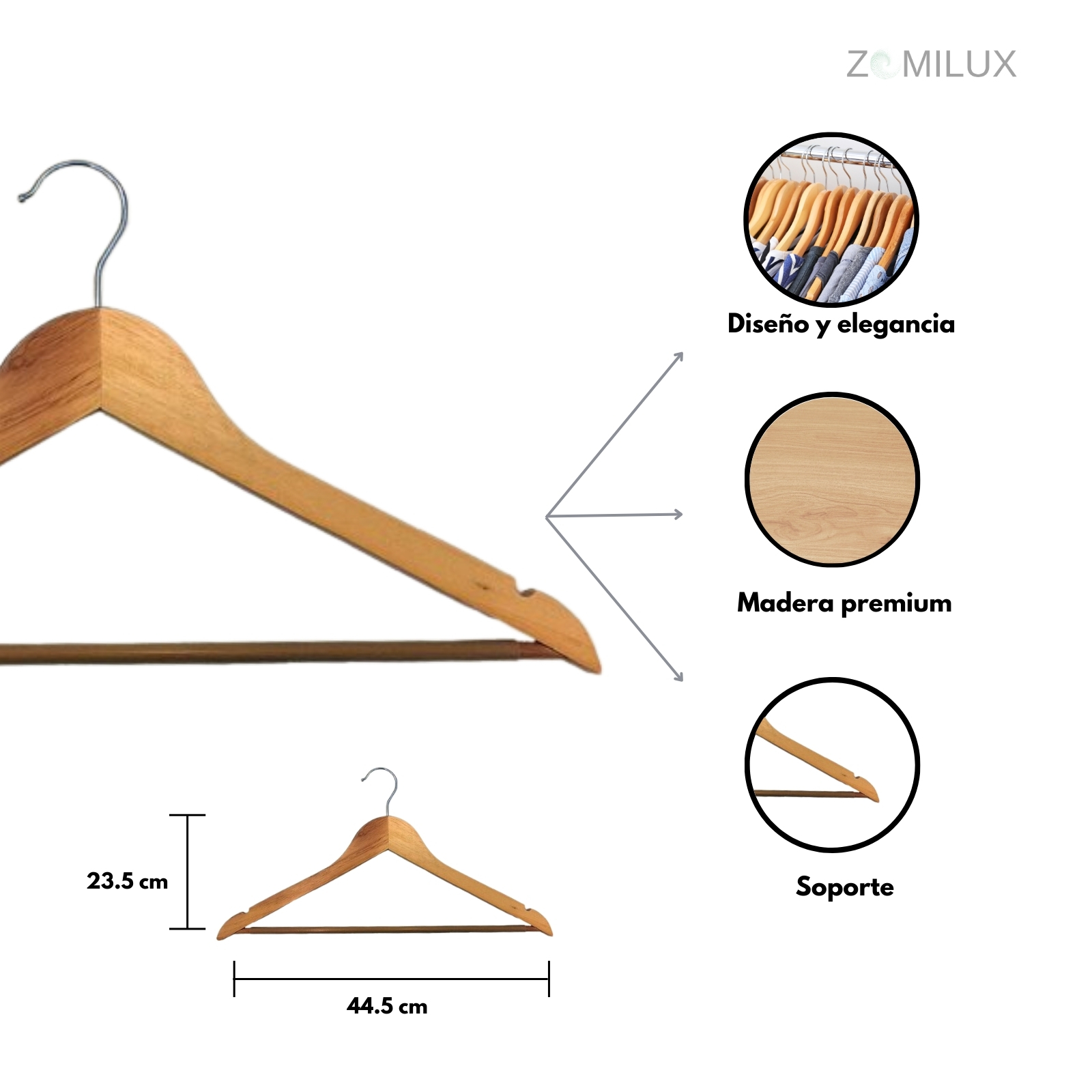 Foto 4 pulgar | 20 Ganchos Para Ropa Madera Premium Zomilux, Perchas Para Pantalones Con Barra Antideslizante Y Gancho Giratorio 360°